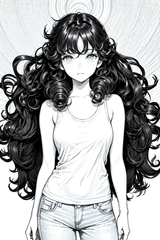((highest quality)), ((masterpiece)), (be familiar with), Perfect Face、Line art、Anime Style、Show the whole body、draft、Monochrome、Long Hair、Black Hair、cool、Calm、Very droopy eyes、upright、freckles、peek、Extremely curly hair、Curly hair、long hair、Expressionless、Resting her chin in her hand、underwear、smile、Big Ass、cute、freckles、Young