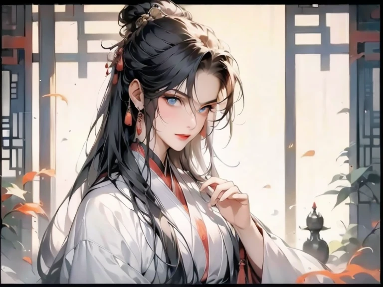 A woman，Antique Chinese style，Standing in a sea of fire，Best quality，Clear face，Madness in the eyes