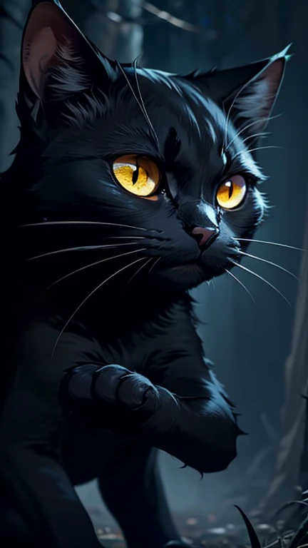 Terrifying black cat with yellow eyes in the middle of a dark forest, los fondos de un tono rojo muy oscuro, 