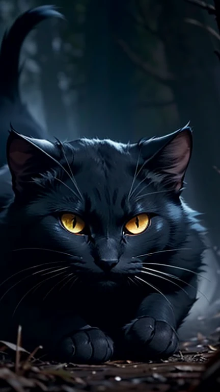 Terrifying black cat with yellow eyes in the middle of a dark forest, los fondos de un tono rojo muy oscuro, 