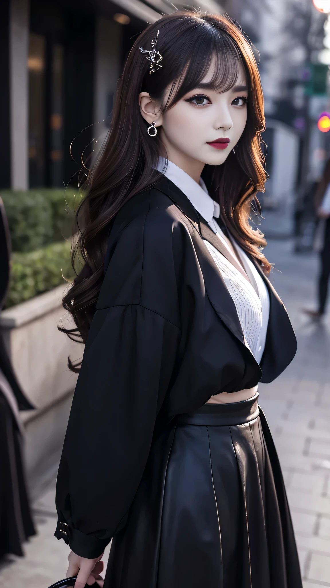 2girls、best quality、ultra-detailed、4k、Japanese、Seductive beauty、seductive adult woman、Pretty Woman、cool girl、Villainess、Brainwashed、brainwash、Fallen into evil、smirk、Evil look、Wicked Smile、evil、Brown hair、wavy hair、swept bangs、dark makeup、dark makeup、piercing eyes、hollow eyes,half-closed eyes、Hollow Eyes、Purple Eyeshadow、black lipstick、black lipglos、suit、Jacket、blouse、Black Ribbon、Long skirt、slit、Beautiful feet、Put your hands behind your back、night、Eerie Citadel、Are standing、