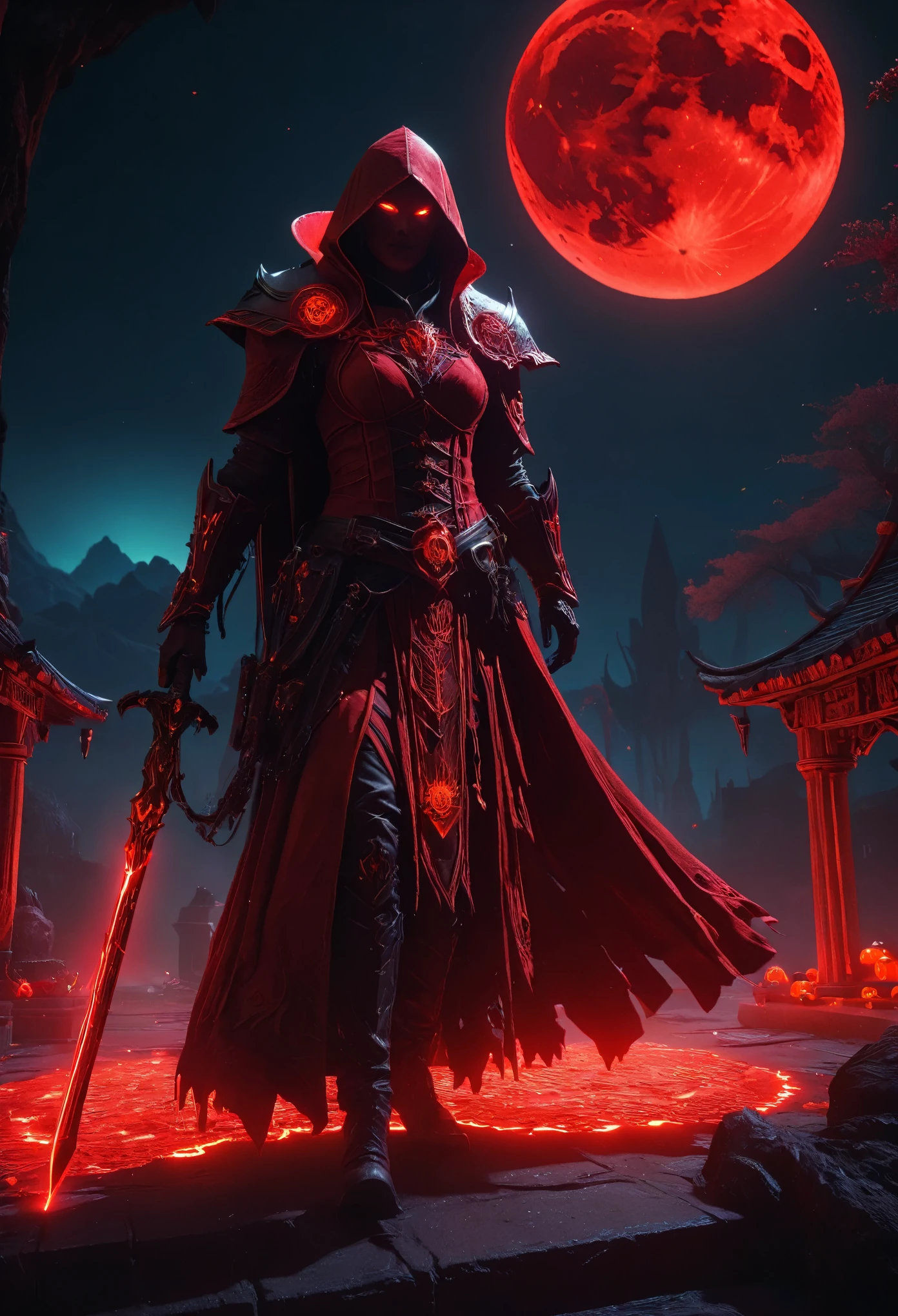 Red Necromancer, Blood Moon, Ray Tracing, masterpiece, highest quality, super high quality, 不条理なdetailed, best Light, Best Shadow, sharp, sharp image, detailed, extremely detailed, Amazing resolution, 8k, 4K, Ultra-high resolution, Particle Effects, Beautiful Effects, Vibrant colors, neon Light, neon, Light,