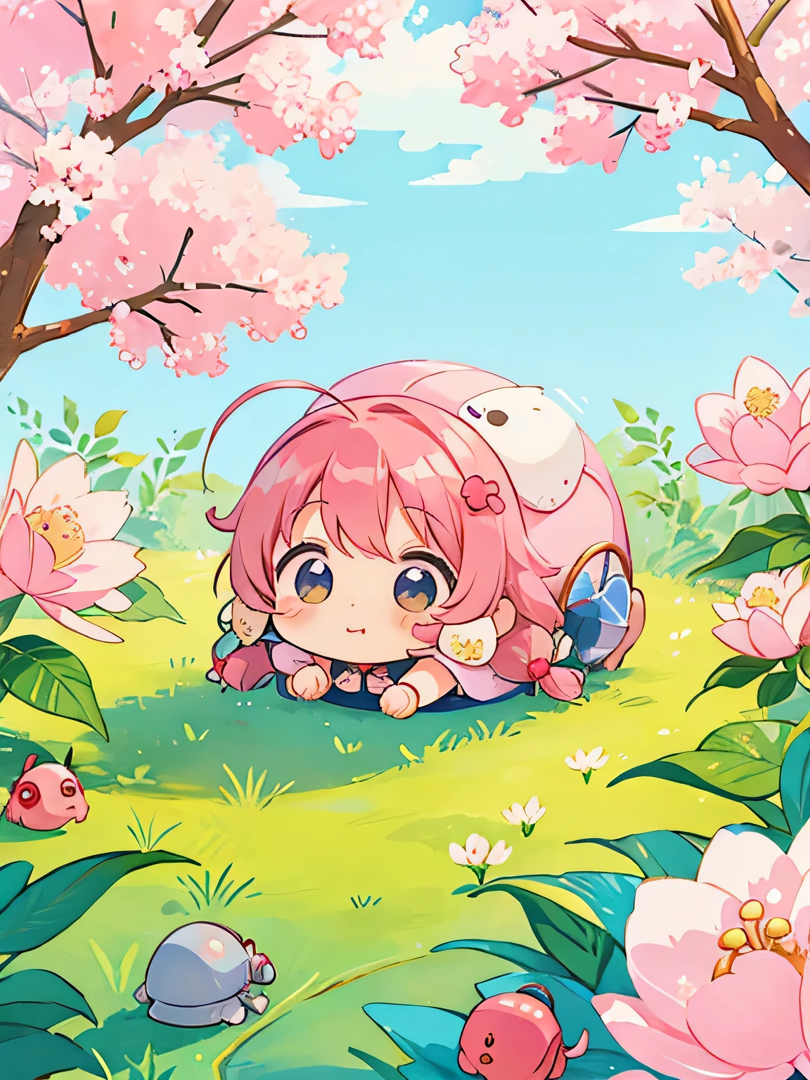 Momoko Sakura style, Kawaii Design, Chibi, beautiful spring afternoon、lovely colorful pillbug