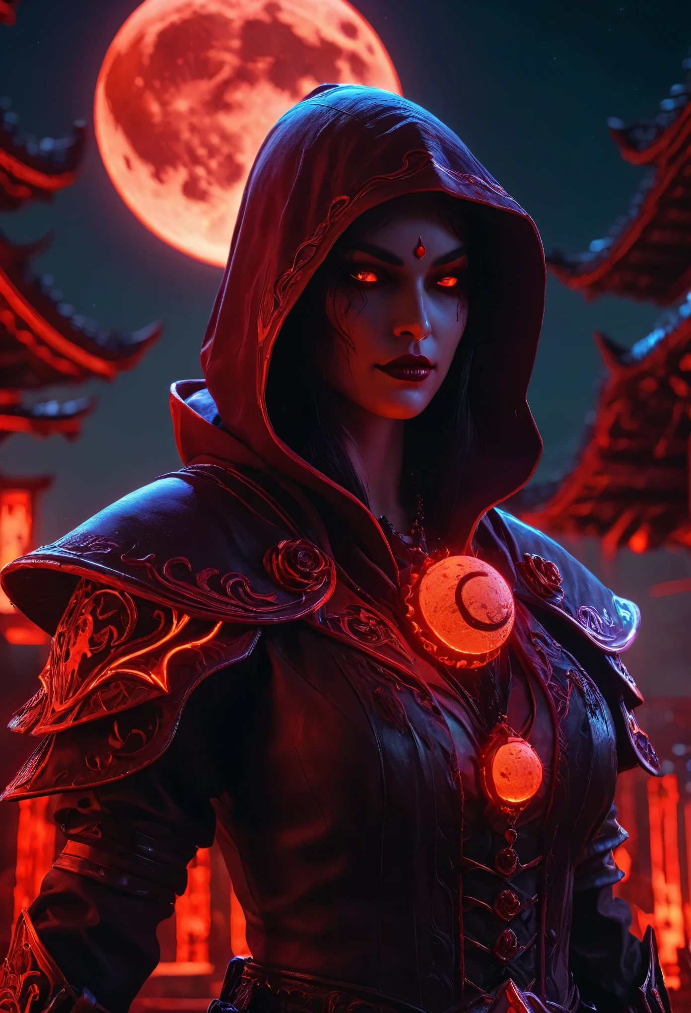 Red Necromancer, Blood Moon, Ray Tracing, masterpiece, highest quality, super high quality, 不条理なdetailed, best Light, Best Shadow, sharp, sharp image, detailed, extremely detailed, Amazing resolution, 8k, 4K, Ultra-high resolution, Particle Effects, Beautiful Effects, Vibrant colors, neon Light, neon, Light,