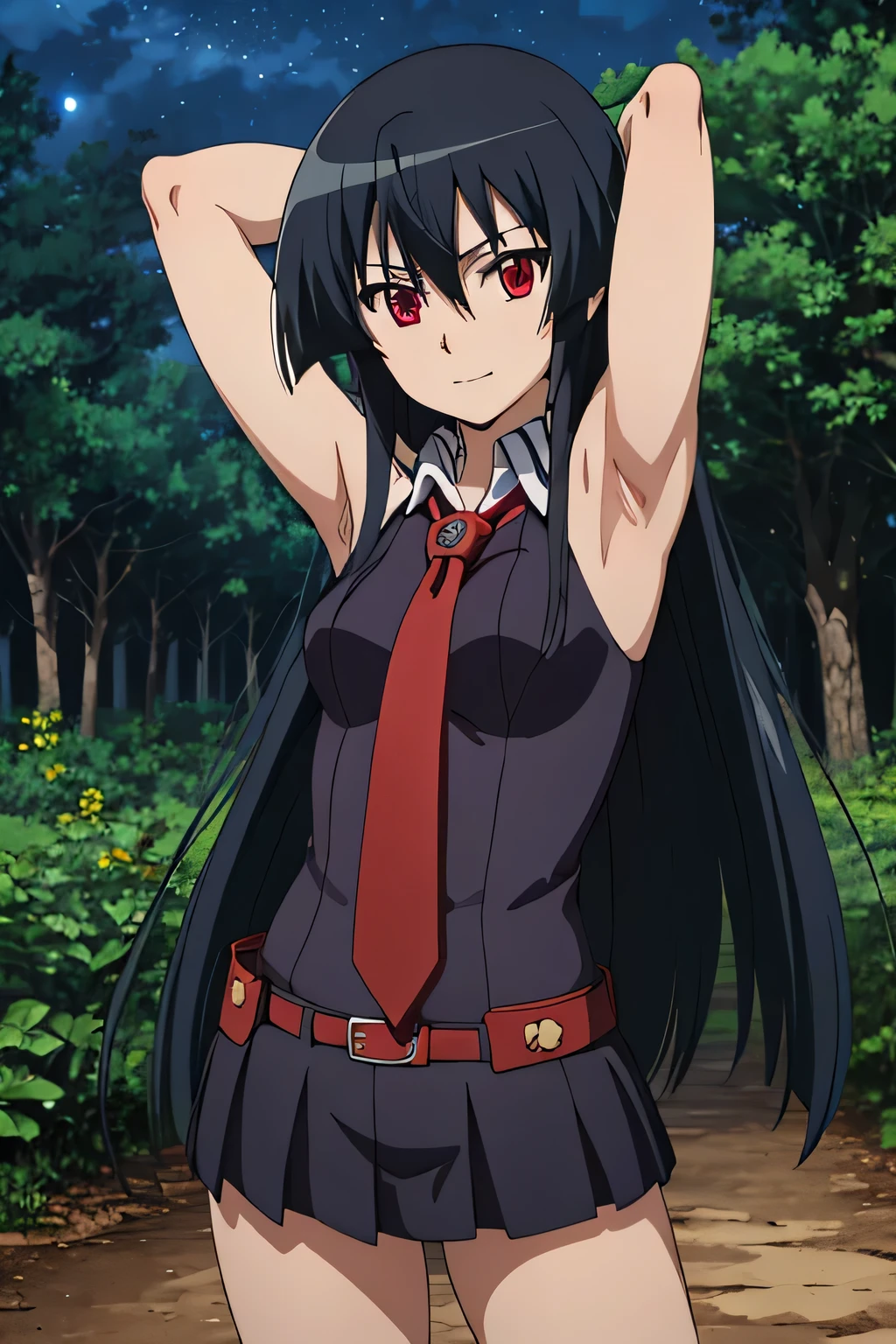 solo, 1girl, looking at viewer, 2D, anime, anime coloring, (cowboy shot:1.5), akame, necktie, sleeveless, looking at viewer, closed mouth, small smile, solo, night sky, forest, {arms behind head}, contrapposto, spread armpits,
