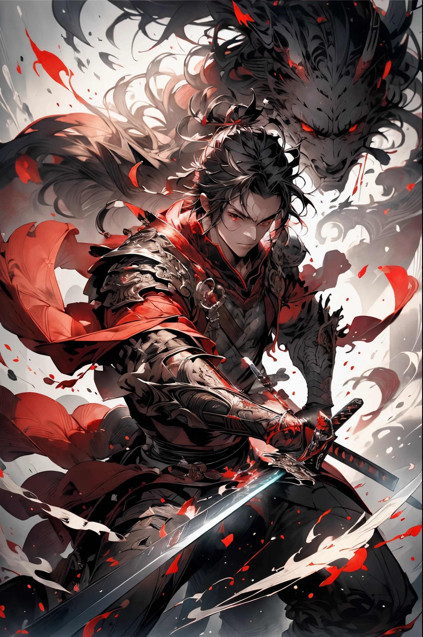 (((masterpiece))), (best quality), (ultra detail), (very_high_resolution), (large_filesize), Swordsman, inflammation, Red eyes, Big Sword, Large sword, watercolor, Black and White, High definition, high resolution, High resolution, Masterpiece, High Resolution