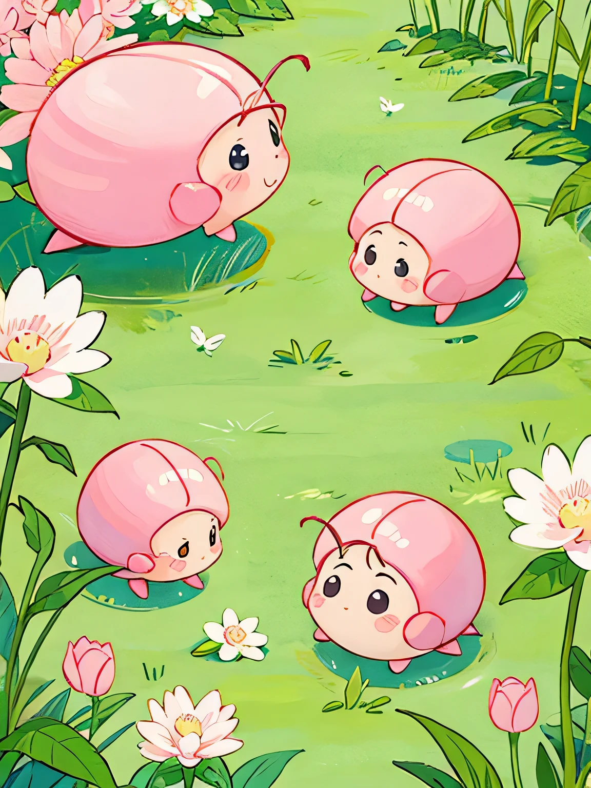 Momoko Sakura style, Kawaii Design, Chibi, beautiful spring afternoon、lovely colorful pillbug