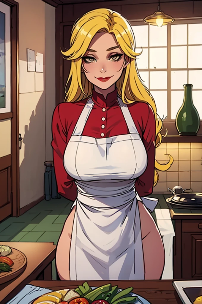 Masterpiece, best quality, 30 years old, traditional house wife, motherly aura and figure, portrait, portrait style photo, female, olive skin, face in center of photo, arms behind back, teasing, motherly expression, big smile,no make-up, red lips, modest clothing and apron, long flowing hair, pastel yellow hair, country house kitchen setting, hazel eyes, beautiful 