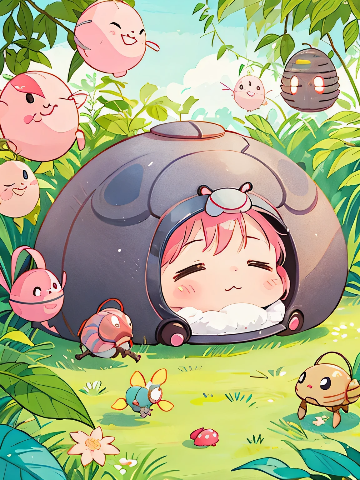 Momoko Sakura style, Kawaii Design, Chibi, beautiful spring afternoon、Lots of friendy friend is a pillbug、lovely colorful pillbug
