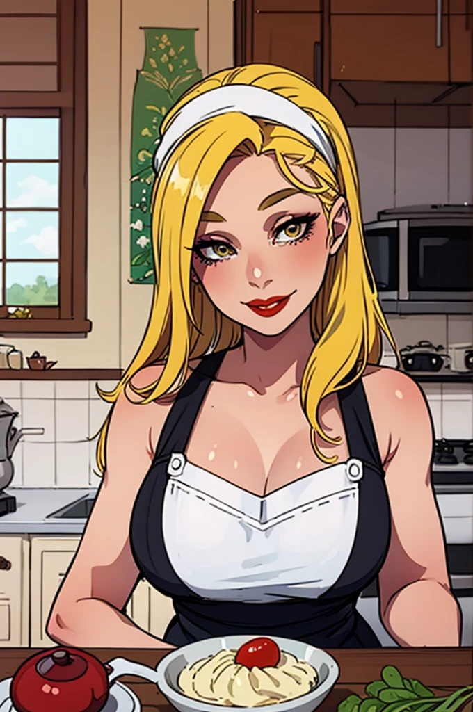 Masterpiece, best quality, 30 years old, traditional house wife, motherly aura and figure, portrait, portrait style photo, female, olive skin, face in center of photo, arms behind back, teasing, motherly expression, big smile,no make-up, red lips, modest clothing and apron, long flowing hair, pastel yellow hair, country house kitchen setting, hazel eyes, beautiful