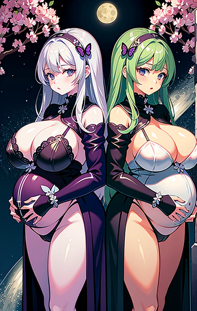 ((2 girls，Twin sisters))，Silver Hair，Butterfly，White hair，8k wallpaper，Detailed background，Maximum resolution，Deep V，hair covering eyes，Drawstring，purple Rose，Tight Fit，moon，in stock，(pregnant，Huge breasts：1.8)