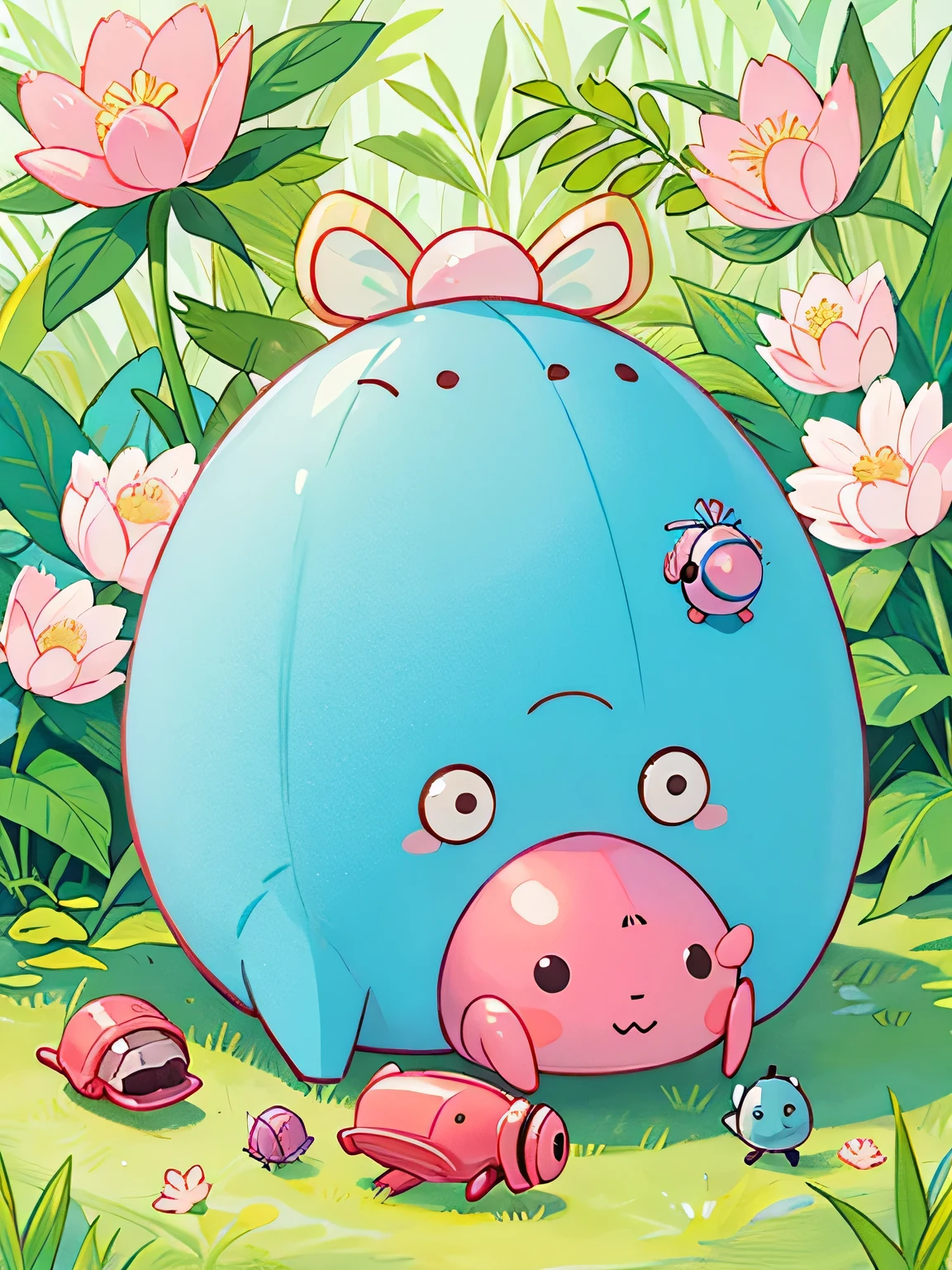 Momoko Sakura style, Kawaii Design, Chibi, beautiful spring afternoon、Lots of friendy friend is a pillbug、lovely colorful pillbug