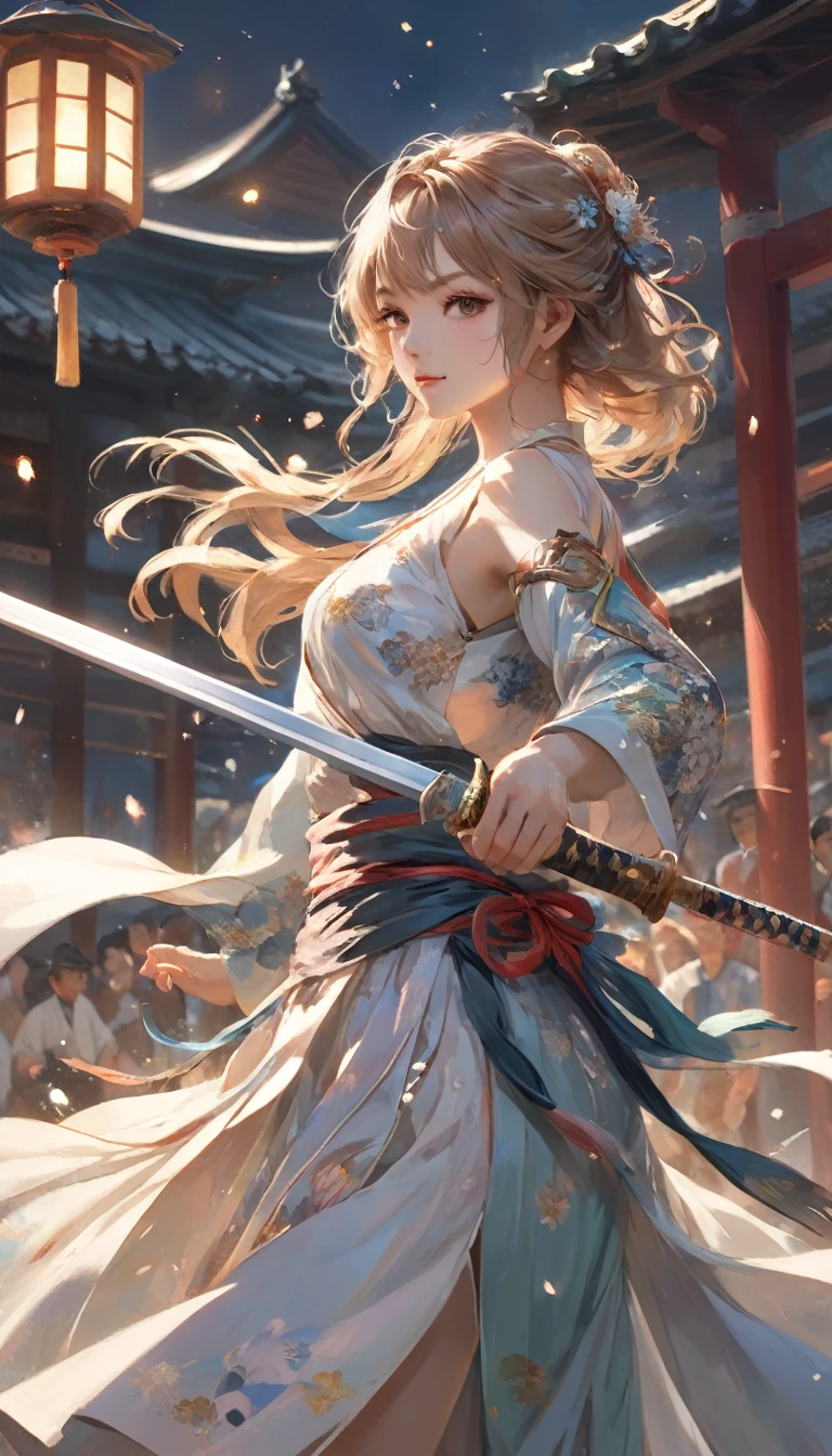 ((sword))in your hand,戦いを挑むsword士,She is dressed as a female dancer.,(swordを構える),An illustration,animation,sword士は女装をして敵を油断させました,Beautiful and cool,Neutral facial features,Empty sake barrel,Dancer&#39;s costume:detailed,Wide range of colors,colorful,rendering,Colorful,colorfulな呪文を唱える,Battle scene effects that liven up the battle,sword士に焦点をあてる,swordで戦います:Metal Reflection:Straight blade:sword,highest quality,最高masterpiece,複雑なdetailed,flash,とてもflash,Beautiful light and shadow,rendering,Zentangle Elements,Wind effects,masterpiece,最高masterpiece,Carefully and boldly,dynamic,Cowboy Shot