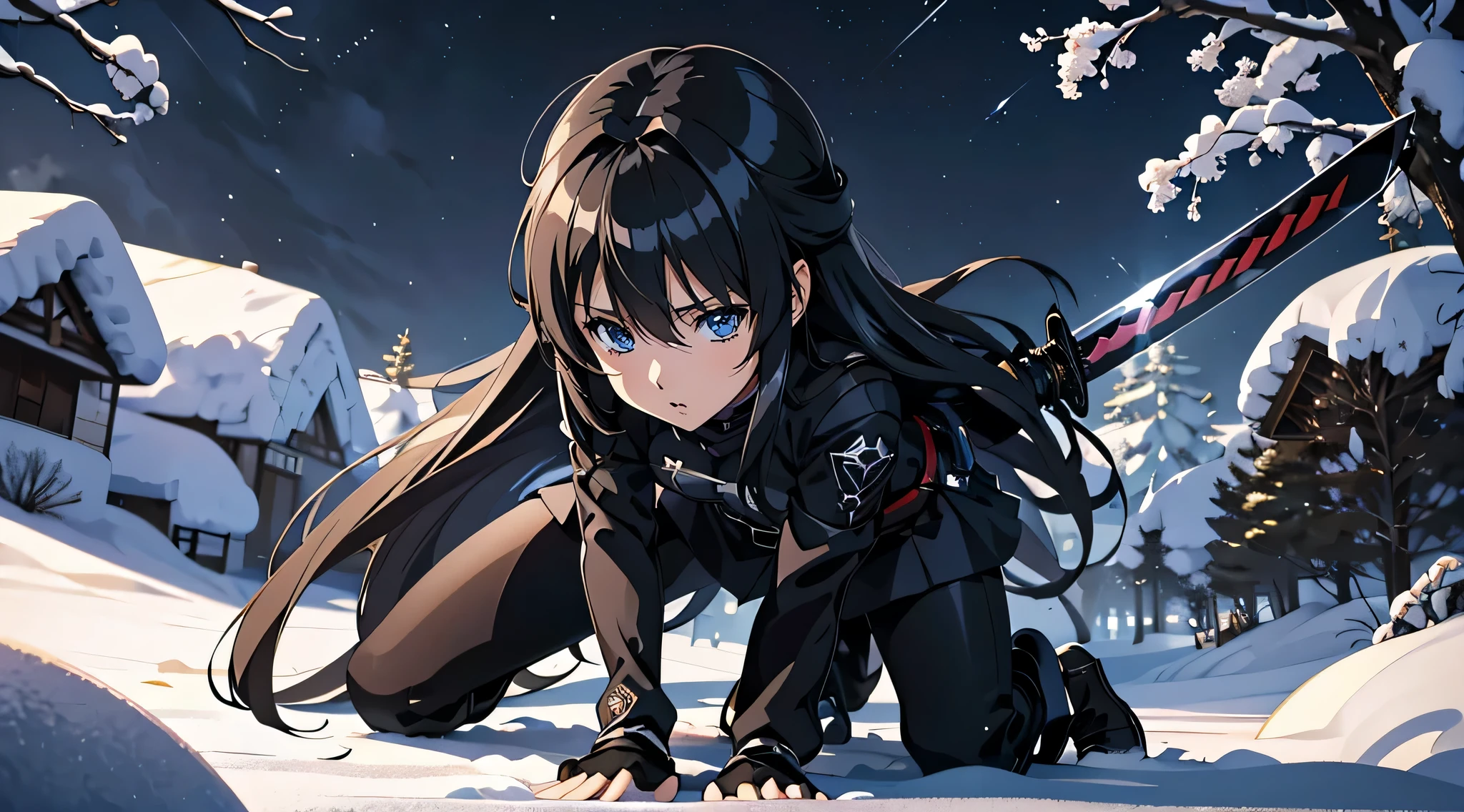 Anime girl kneeling in the snow wearing black clothes and holding a sword, Amazing anime 8k, She has a sword, Anime Style 4k, Gweiz style artwork, anime wallpaper 4k, anime wallpaper 4k, anime art wallpaper 8k, 4k anime wallpaper, anime art wallpaper 4k, anime art wallpaper 4k