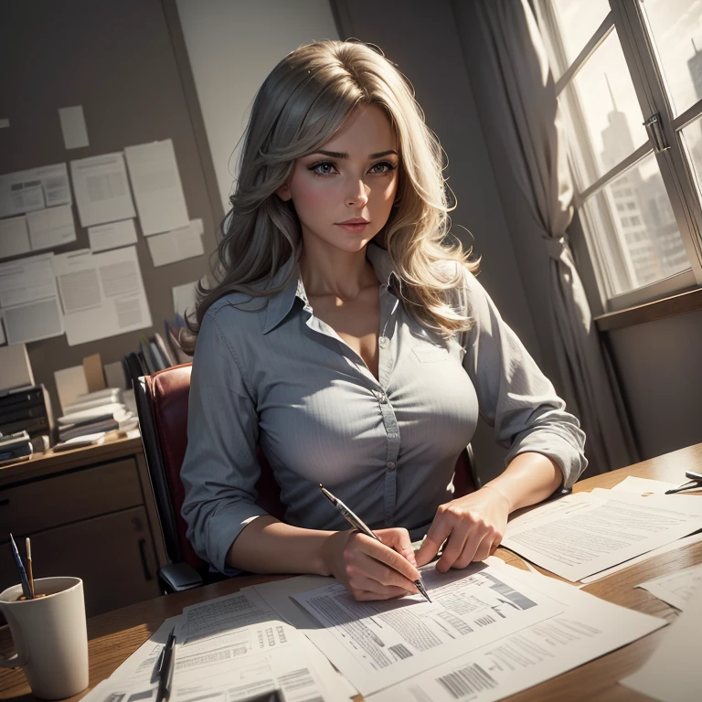 Cinematic scene, a caucasian female accountant is working on piles of files in a dull desk office, gray, a window shows gray cloudy sky, masterpiece, best quality, high quality, highres, Art by Neal Adams, (Masterpiece:1.3), (best quality:1.3),