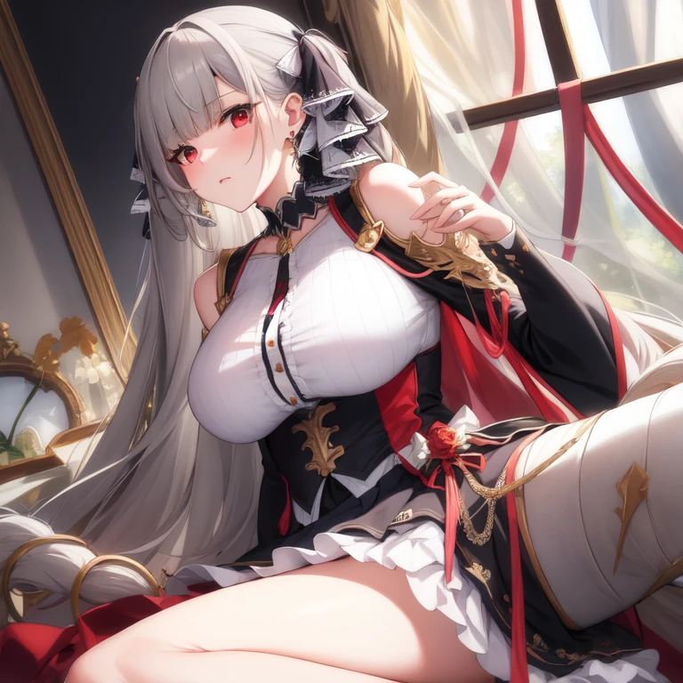 (masterpiece, Best quality1.2),illustration,8k,HD,1 Girl,Solitary,Upper Body,(portrait:1.2),long_hair,Large target_breast,Red_Eye,Very_long_hair,Bangs,Double tail,ribbon,grey_hair,cleveage,hair_ribbon,Two-color_ribbon,between_breast,Black_skirt,skirt,decorate,only_Shoulder,Frilly_skirt,long_sleeve,Two-color_skirt,jewelry,earrings,indoors