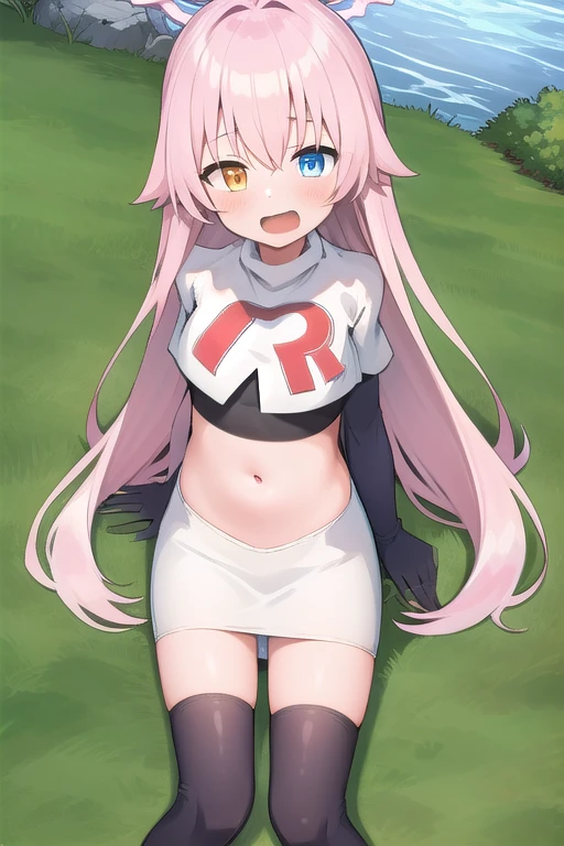 masterpiece, best quality, ultra-detailed, 1girl, hoshino, team rocket,team rocket uniform,white skirt,red letter R,crop top,black thigh-highs,black elbow gloves, outdoors 