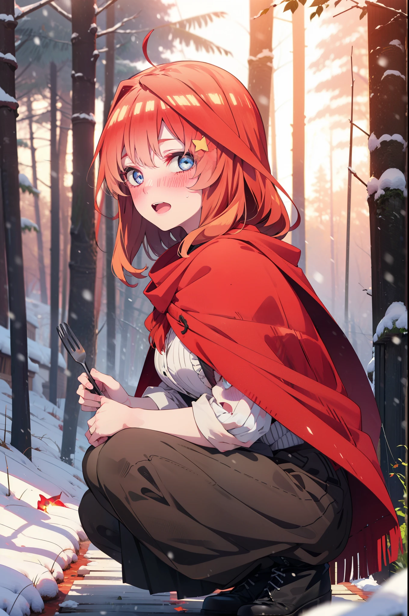 itsukinakano, Itsuki Nakano, bangs, blue eyes, Hair between the eyes, Ahoge, Redhead, star \(symbol\), hair ornaments, star hair ornaments,smile,blush,White Breath,
Open your mouth,snow, fire, Outdoor, boots, snowing, From the side, wood, suitcase, Cape, Blurred, Increase your meals, forest, White handbag, nature, Squat, Mouth closed, フードed Cape, winter, Written boundary depth, Black shoes, red Cape break looking at viewer, Upper Body, whole body, break Outdoor, forest, nature, break (masterpiece:1.2), highest quality, High resolution, unity 8k wallpaper, (shape:0.8), (Beautiful and beautiful eyes:1.6), Highly detailed face, Perfect lighting, Highly detailed CG, (Perfect hands, Perfect Anatomy),