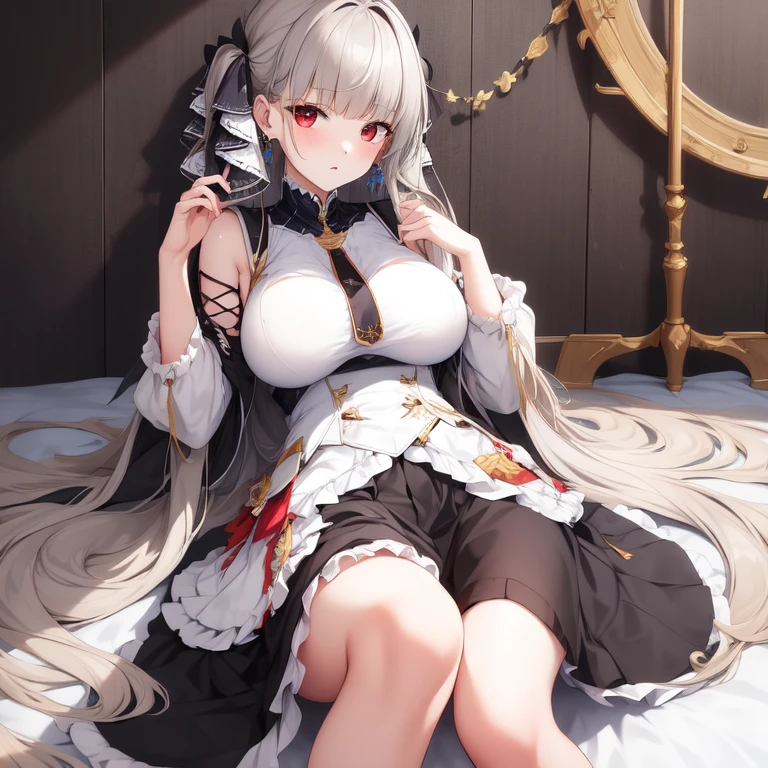 (masterpiece, Best quality1.2),illustration,8k,HD,1 Girl,Solitary,hands up,(portrait:1.2),long_hair,Large target_breast,Red_Eye,Very_long_hair,Bangs,Double tail,ribbon,grey_hair,cleveage,hair_ribbon,Two-color_ribbon,between_breast,Black_skirt,skirt,decorate,only_Shoulder,Frilly_skirt,long_sleeve,Two-color_skirt,jewelry,earrings,indoors