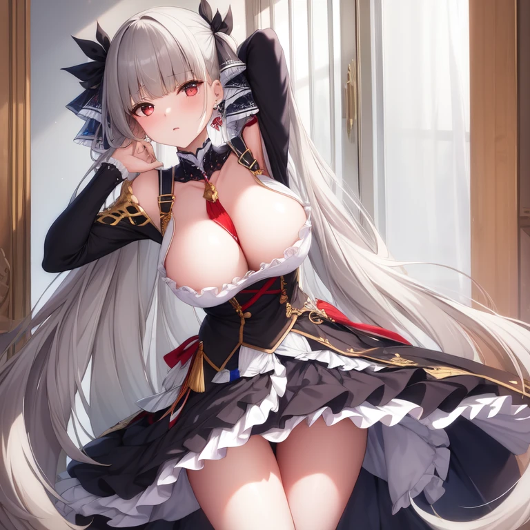 (masterpiece, Best quality1.2),illustration,8k,HD,1 Girl,Solitary,hands up,(portrait:1.2),long_hair,Large target_breast,Red_Eye,Very_long_hair,Bangs,Double tail,ribbon,grey_hair,cleveage,hair_ribbon,Two-color_ribbon,between_breast,Black_skirt,skirt,decorate,only_Shoulder,Frilly_skirt,long_sleeve,Two-color_skirt,jewelry,earrings,indoors