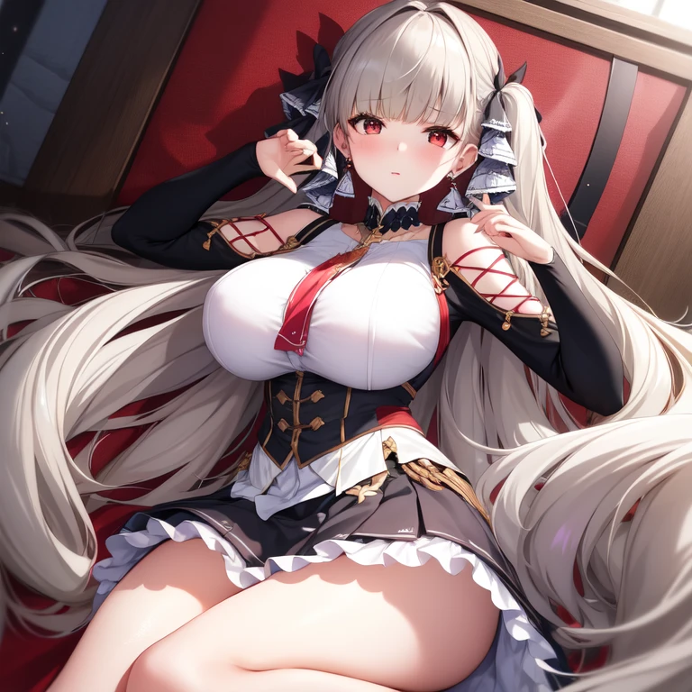 (masterpiece, Best quality1.2),illustration,8k,HD,1 Girl,Solitary,hands up,(portrait:1.2),long_hair,Large target_breast,Red_Eye,Very_long_hair,Bangs,Double tail,ribbon,grey_hair,cleveage,hair_ribbon,Two-color_ribbon,between_breast,Black_skirt,skirt,decorate,only_Shoulder,Frilly_skirt,long_sleeve,Two-color_skirt,jewelry,earrings,indoors