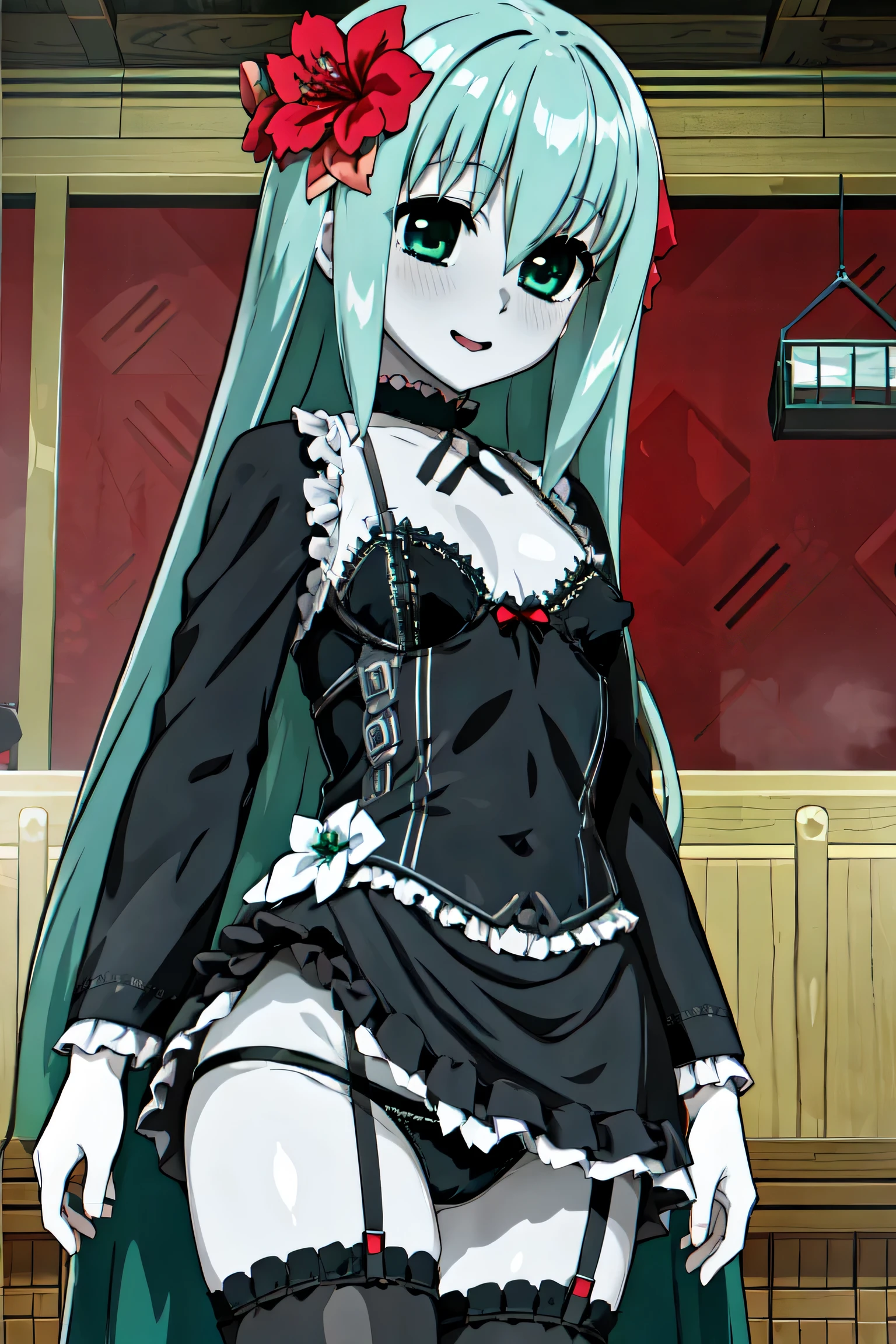 1 Girl、Silver Hair、Pale skin、Long Hair、Red flower hair ornament、Emerald green eyes、Small breasts、Short、Gothic Lolita Clothing、Big city、High resolution、highest quality、Detailed face、Anime Moe Art Style、abdomen、Cowboy Shot、healthy、Puffy nipples、Anime Best Girl, cute anime girl、Panties、Skirt Lift、Self Lift、Groin