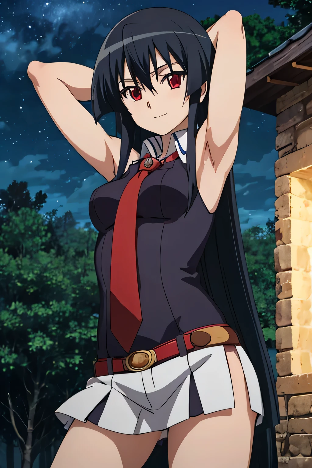 solo, 1girl, looking at viewer, 2D, anime, anime coloring, (cowboy shot:1.5), akame, necktie, sleeveless, looking at viewer, closed mouth, small smile, solo, night sky, forest, {arms behind head}, contrapposto, spread armpits,