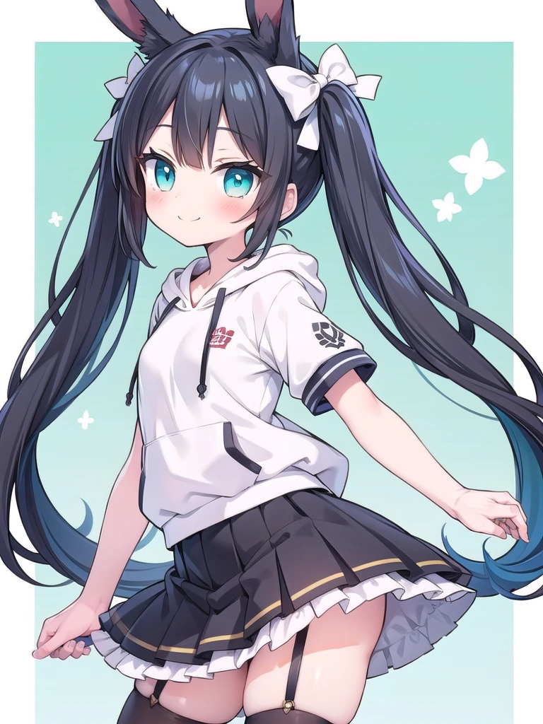 1girl, best quality, perfect hands, black rabbit ears, long rabbit ears, rabbit girl, smile, black hair, very long hair, twintails, red hair bow, cyan eyes, hair ornament, white hoodie with cyan, short sleeves, black pleated skirt, very short skirt, white thighhighs, white garter straps, white beret, blush