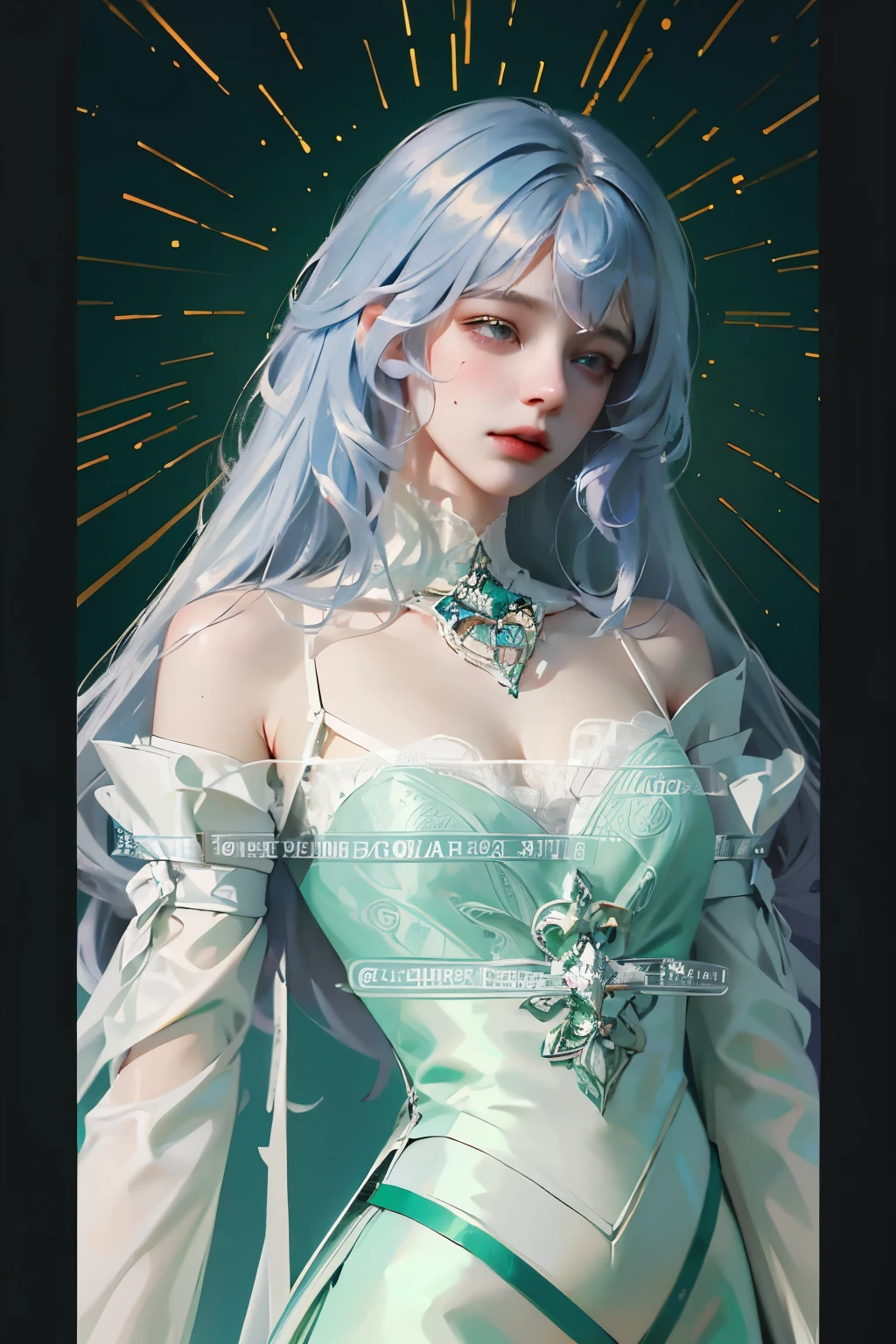 ((High quality work)), Clean and simple lines, The green dress and beautiful ruffled lace complement each other, Enriches the layering of the entire picture, Elegant Edwardian lace dresses and princess dresses add a lot of color to the characters, Gesture with hands behind back , It also shows the gentle and elegant side of women.