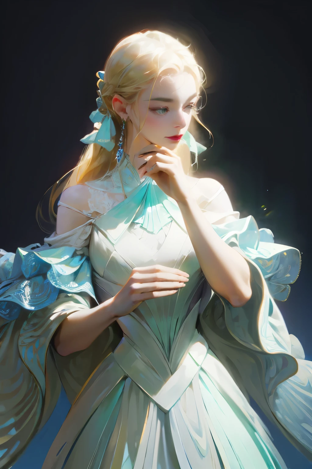 ((High quality work)), Clean and simple lines, The green dress and beautiful ruffled lace complement each other, Enriches the layering of the entire picture, Elegant Edwardian lace dresses and princess dresses add a lot of color to the characters, Gesture with hands behind back , It also shows the gentle and elegant side of women.(best quality, masterpiece), 1 Girl, look down, Wind, particle, Simple background, dark mood,
