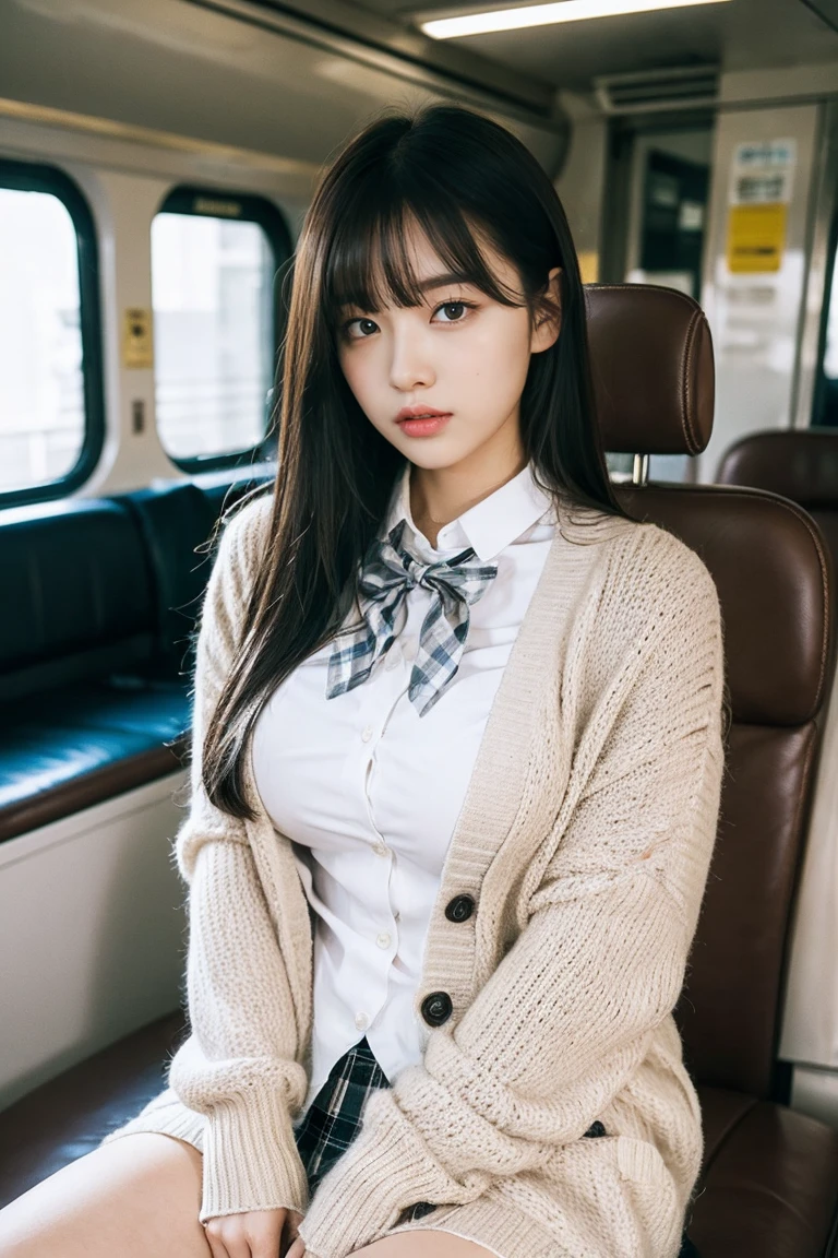 alone、high school girl、Natural body shape、White skin、Natural Makeup、Black Hair、bangs、Straight Long Hair、(High  、beige long sleeve cardigan、White blouse、Checkered pleated skirt)、((Big Breasts))、(((The upper body is wearing a uniform)))、Looking at the camera facing the front、train、Both knees are spread、Sitting in a seat、((Thighs exposed))、White socks、Black Loafers、(((Pure white panties)))、Head to knees portrait