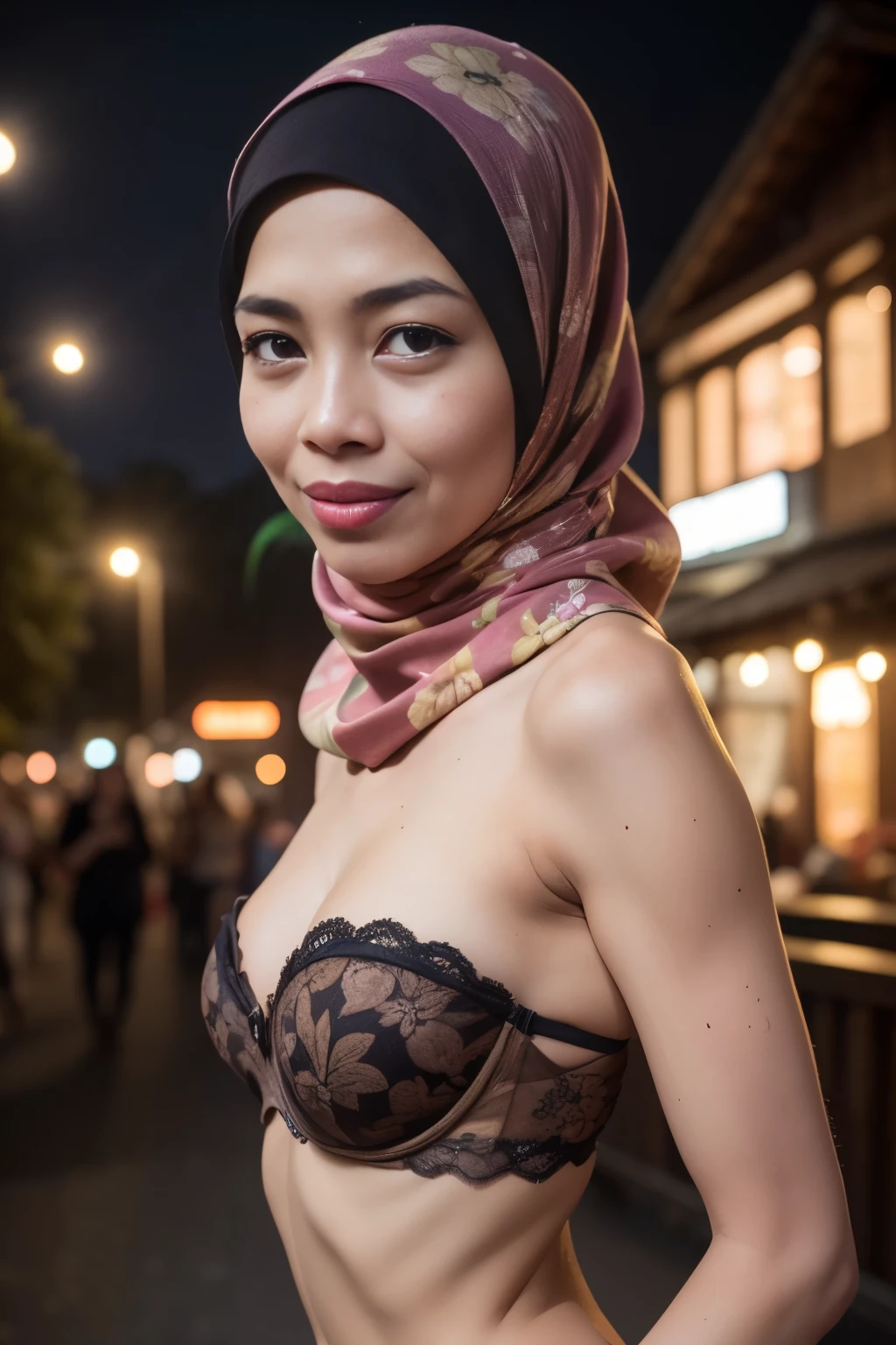 G-String & Thong, ((Lace)), (Happy smile), (((HIJAB MALAY GIRL))), masutepiece, High quality, UHD 32K, Realistic face, Realistic skin feeling , A Indonesian Lady, 58 years old matured lady, , Very cute and baby-like face, (((FLAT CHEST))), (Night time at forest), ((look In front  at the camera and SADNESS)), (((BROWN FLUORESCENT))), (((CUTE GIRL))), ((BROWN FLUORESCENT LIPS)), ((Floral Pattern)) little wearing strapless bra, strapless colorful bra, dark night background , black forest night, horror scary place, (from behind up) seductive pose