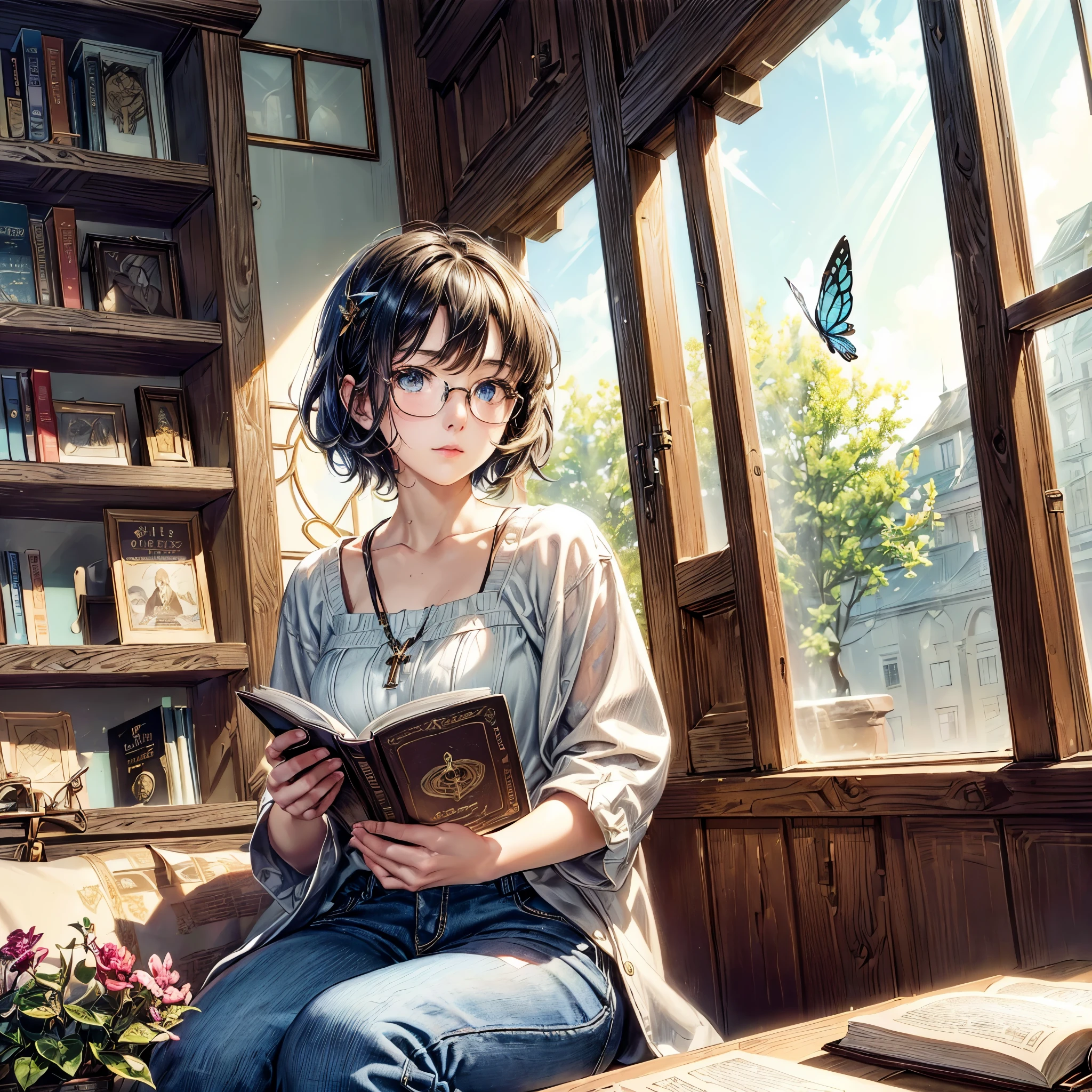 ((Very detailed), #c2894b background, book store, window, afternoon, sunlight, Cozy atmosphere, many bookshelves, Detailed antique binding of a book, 1 butterfly), ((Cinematic), Warm and soft lighting), ((Ultra-detailed, Beautiful Face, 1 girl), Very detailed, short hair, jeans, shirt, Glasses, Sitting cross-legged on the floor, Reading avidly, open a book on your lap, Beautiful detailed eyes,  She&#39;s not looking at the viewer), There is a woman sitting on a bench reading a book, Beautiful digital illustrations