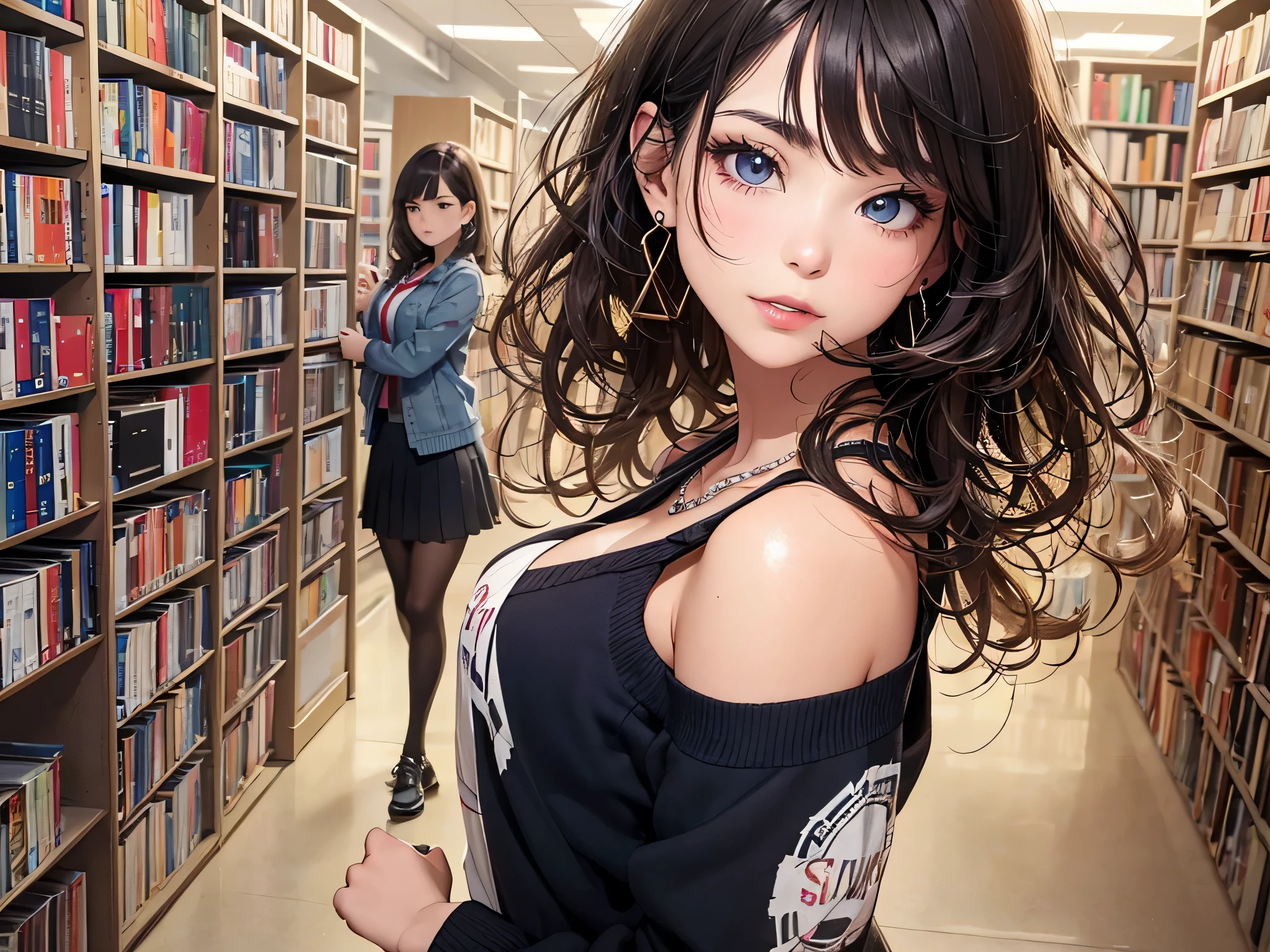 (Masterpiece: 1.3), (Maximum resolution: 1.2), (Ultra HDTV: 1.2), Cinema light, Ultra HDTV, (Detailed eyes and skin), (Detailed facial features), HDR, 8k resolution, Sharp Focus: 1.2, Perfect style, beautiful face, accurate, anatomically correct, highly detailed face and skin texture, detailed eyes, Dark-blue eyes, double eyelids, thin eyebrows, glitter eyeliner: 1.2, natural cheeks, glossy skin, fair skin: 1.2, shiny little necklace and earrings, (glossy lips: 1.4), BREAK, first-person-view, (she is high school student), (Wearing a Button up shirt, pleated mini skirt, Navy tie, high socks), (seductive smile: 1.2), (Looking at me), ((Innocent and Cute girl:1.3)), (layered Hairstyle, wavy hair), (Light-brown hair:1.2), medium long hair, (Full body shot: 1.2), focus on face, ((Very intimate relationships: 1.2)), medium large breasts, ((Standing with seductive pose:1.2)), ((In An empty library)), from the side,
