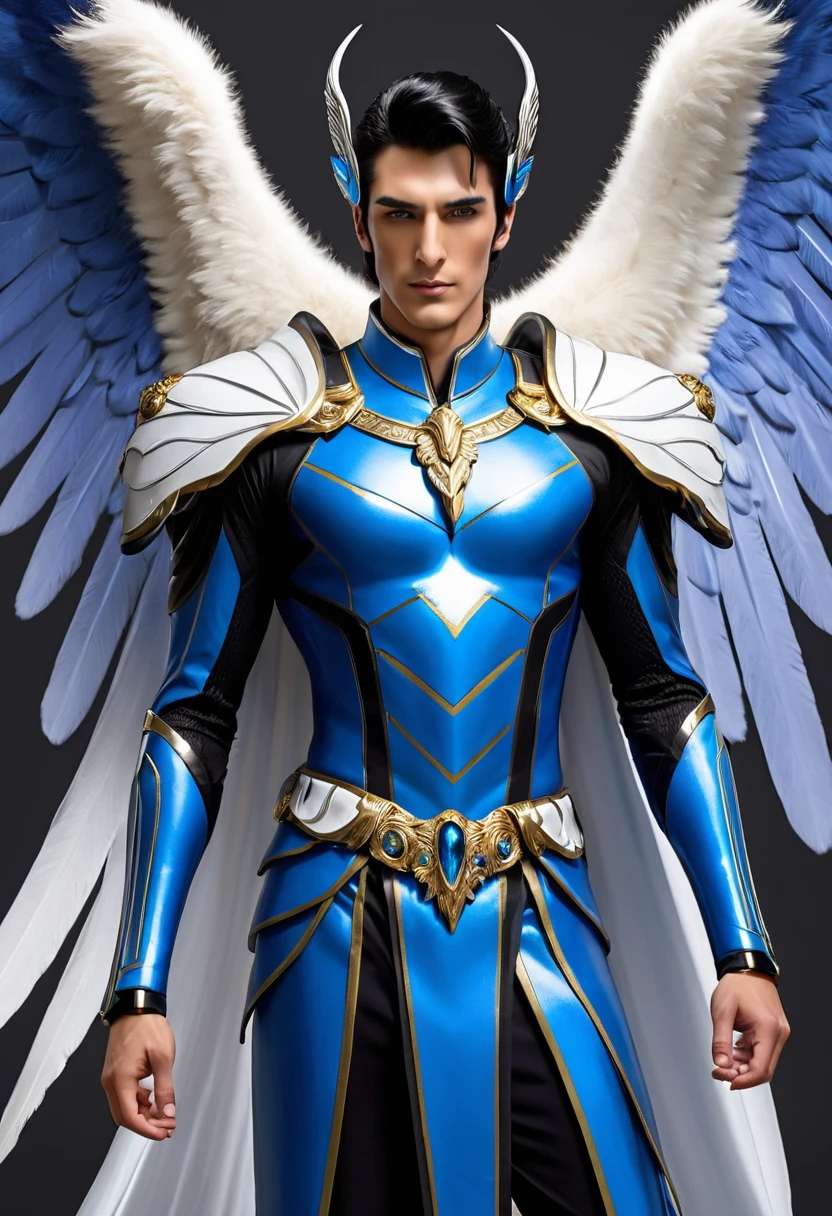 1 tall man archangel, de rasgos marcados, ebony black hair short on the sides, fuerte pero esbelto, piel blanca, ojos de un azul prusiano como gemas trituradas en sus iris, que tenga alas grandes de blanco con puntas doradas, vestido como un guerrero, que se vea poderoso y que en su mano tengo una llama azul como poder.
