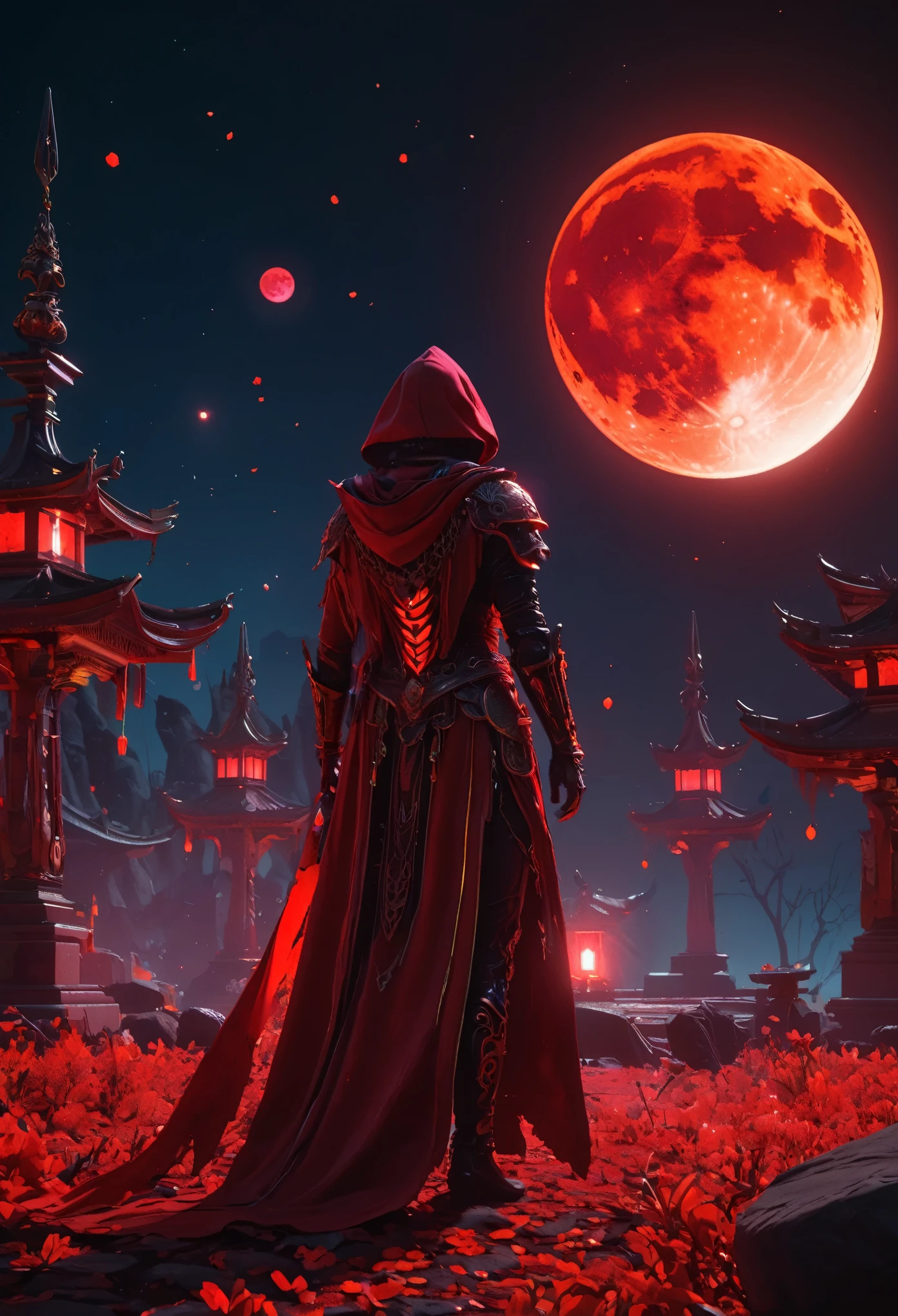 Red Necromancer, Blood Moon, Ray Tracing, masterpiece, highest quality, super high quality, 不条理なdetailed, best Light, Best Shadow, sharp, sharp image, detailed, extremely detailed, Amazing resolution, 8k, 4K, Ultra-high resolution, Particle Effects, Beautiful Effects, Vibrant colors, neon Light, neon, Light,