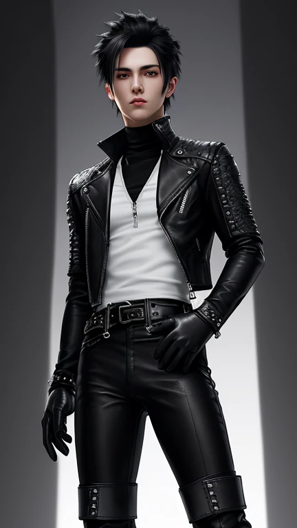 Final Fantasy-inspired graphics, Young, cute and cool Japanese boys, Thin eyebrows and big eyes, He is wearing a shiny off-white leather single-breasted jacket., with epaulettes, The jacket is zipped up, The pattern on the jacket is a little black line., The jacket has a high stand-up collar with a belt, Black turtleneckも着用, black leather pants,Tight, thin black leather gloves on both hands, Black leather knee-high lace-up boots,show, head-to-toe, Show whole body, Final Fantasy Style、good looking、Clear eyes and nose、((White single design leather jacket))、Black turtleneck、((black leather pants))、((Black leather gloves on both hands))、((Black lace-up leather long boots))、View from head to toe、Realistic image quality and texture