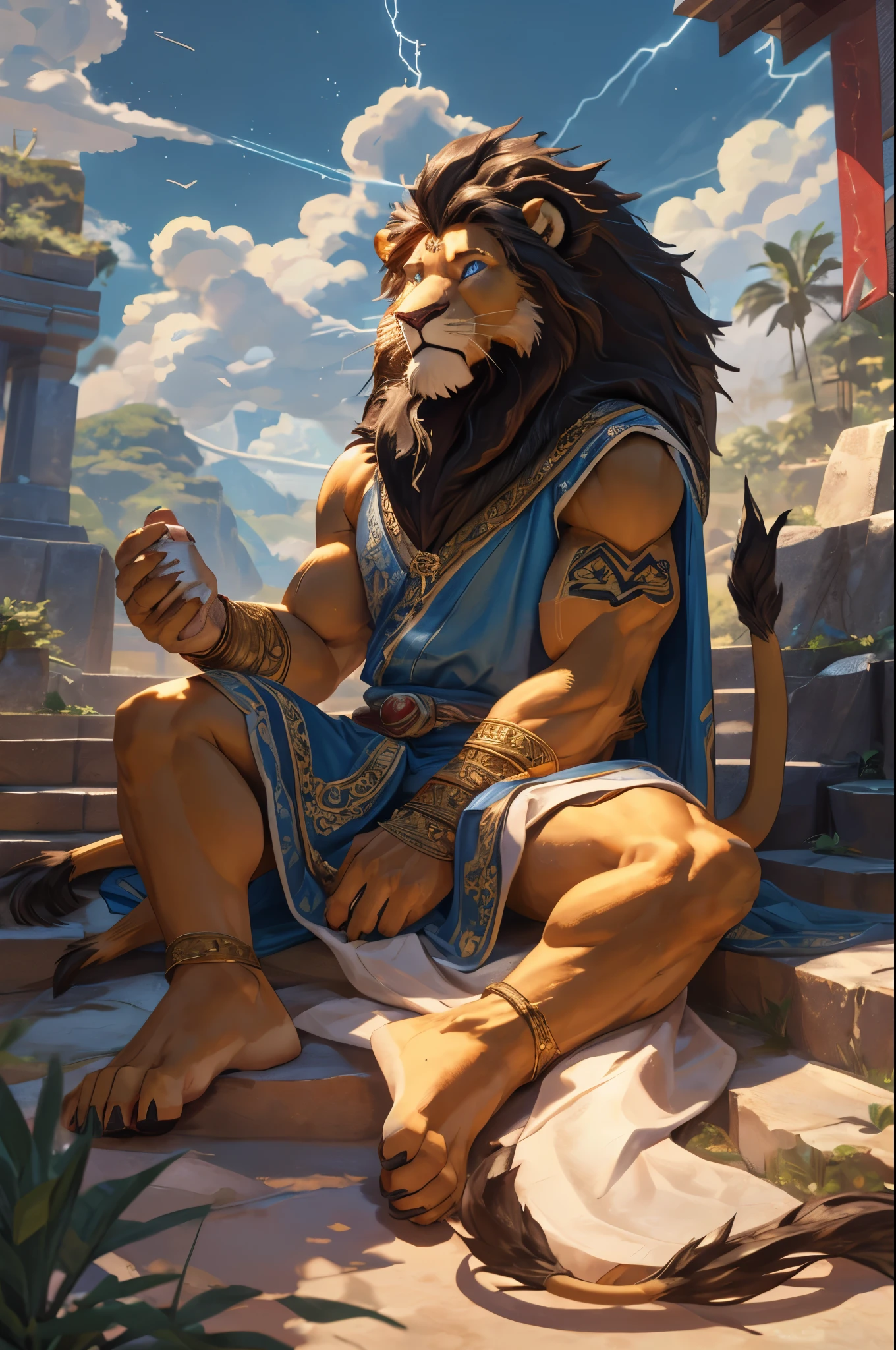 (((Barefoot furry character, full body, cinematic setting, furry male, plantigrade)))
(Zeus - King of the Gods) depicted as a majestic (((lion))) anthro with a muscular build, golden fur, and piercing blue eyes. He wears a regal white toga draped over one shoulder, adorned with thunderbolt motifs. Zeus sits barefoot atop Mount Olympus, with storm clouds gathering in the background, accompanied by flashes of lightning and crashing thunder. His attribute, the ((thunderbolt)), rests beside him, crackling with power. Playing wit his hard penis
BREAK, detailed background, 8K, (masterpiece:1.5), intricate details, highly detailed, extreme detail, octane render, fine art, best quality, highres, (detailed face:1.5), ((full_body)), UHD, (((perfect hands))), low light