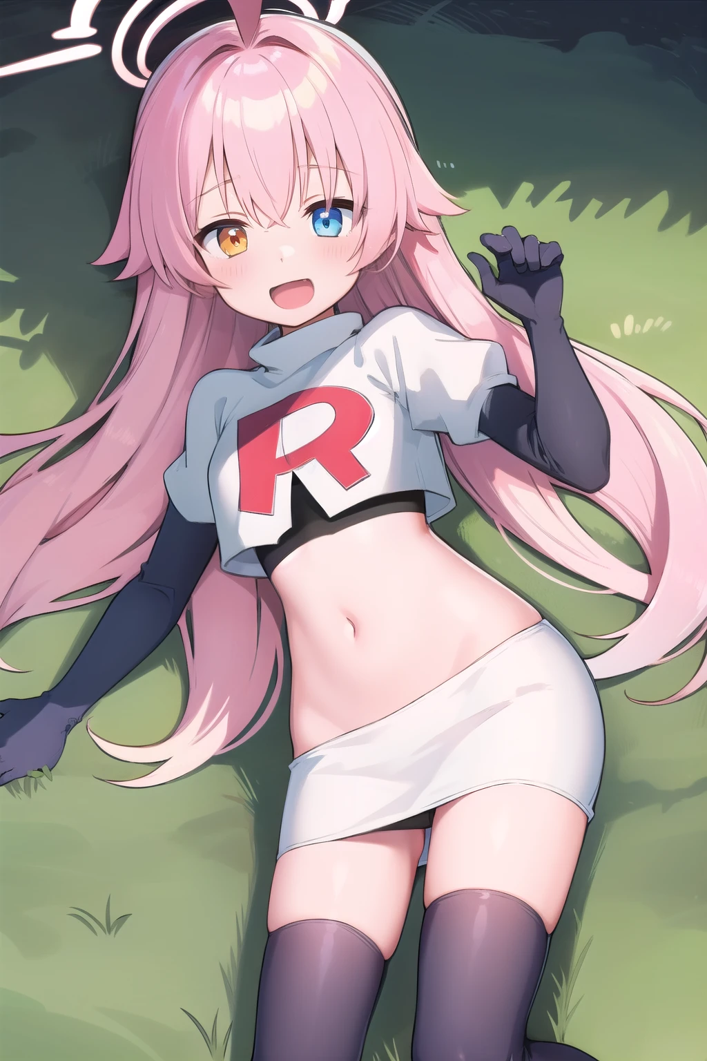 masterpiece, best quality, ultra-detailed, 1girl, hoshino, team rocket,team rocket uniform,white skirt,red letter R,crop top,black thigh-highs,black elbow gloves, outdoors