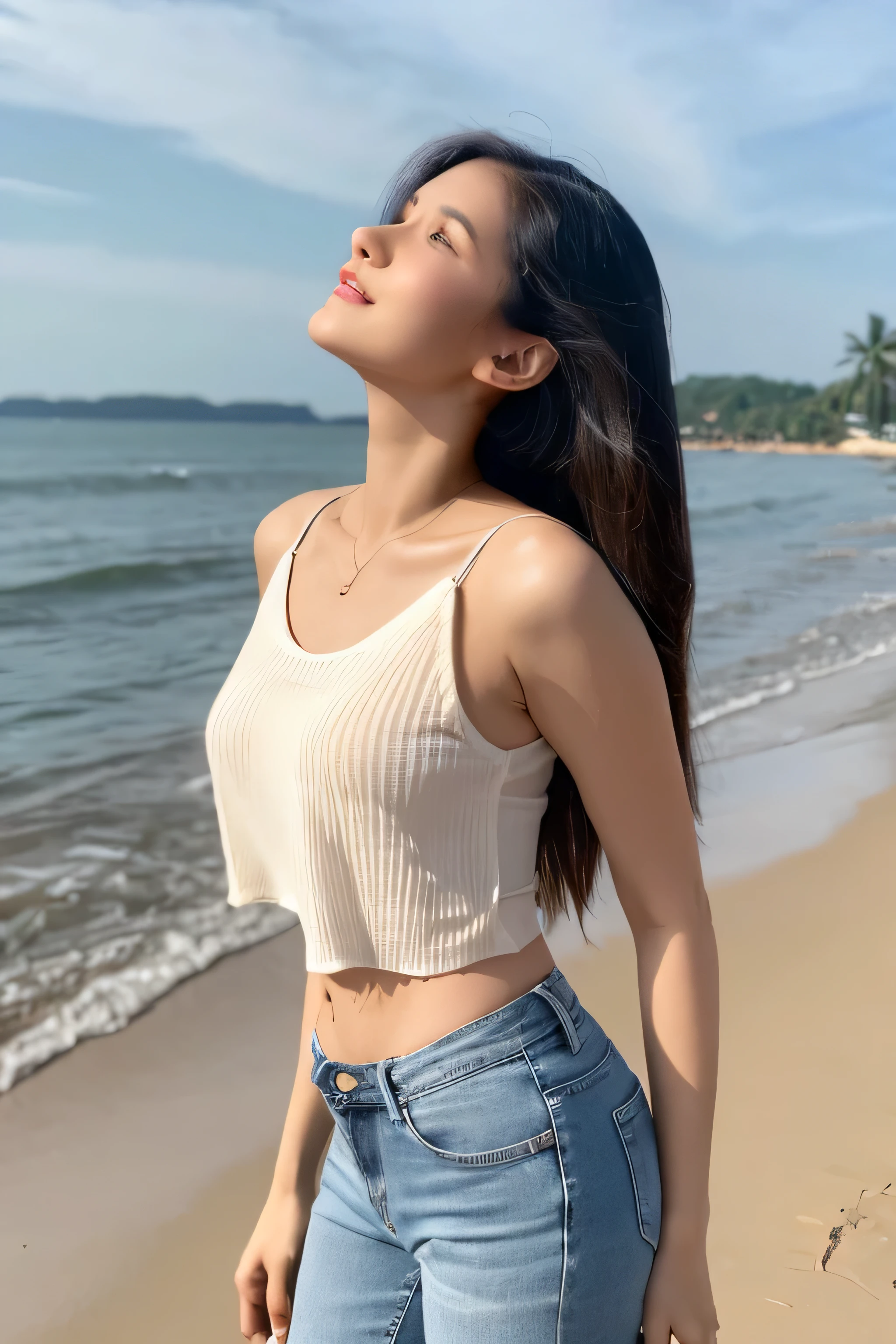iphone photo, raw photo, day photo, photo of 20 y.o beautiful woman, pale skin, Jean shorts, white tank top, wearing underwear, bokeh, motion blur, thai, on the beach, Phuket, Soft smirk, Blur background