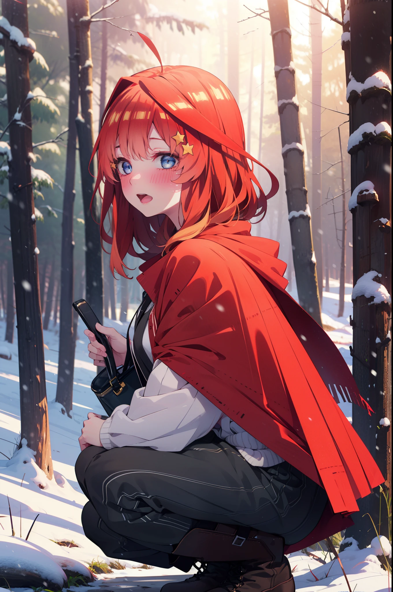 itsukinakano, Itsuki Nakano, bangs, blue eyes, Hair between the eyes, Ahoge, Redhead, star \(symbol\), hair ornaments, star hair ornaments,smile,blush,White Breath,
Open your mouth,snow, fire, Outdoor, boots, snowing, From the side, wood, suitcase, Cape, Blurred, Increase your meals, forest, White handbag, nature, Squat, Mouth closed, フードed Cape, winter, Written boundary depth, Black shoes, red Cape break looking at viewer, Upper Body, whole body, break Outdoor, forest, nature, break (masterpiece:1.2), highest quality, High resolution, unity 8k wallpaper, (shape:0.8), (Beautiful and beautiful eyes:1.6), Highly detailed face, Perfect lighting, Highly detailed CG, (Perfect hands, Perfect Anatomy),