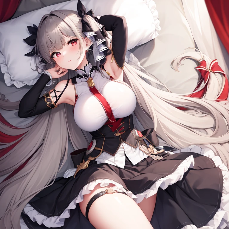 (masterpiece, Best quality1.2),illustration,8k,HD,1 Girl,Solitary,hands up,(portrait:1.2),long_hair,Large target_breast,Red_Eye,Very_long_hair,Bangs,Double tail,ribbon,grey_hair,cleveage,hair_ribbon,Two-color_ribbon,between_breast,Black_skirt,skirt,decorate,only_Shoulder,Frilly_skirt,long_sleeve,Two-color_skirt,jewelry,earrings,on the bed