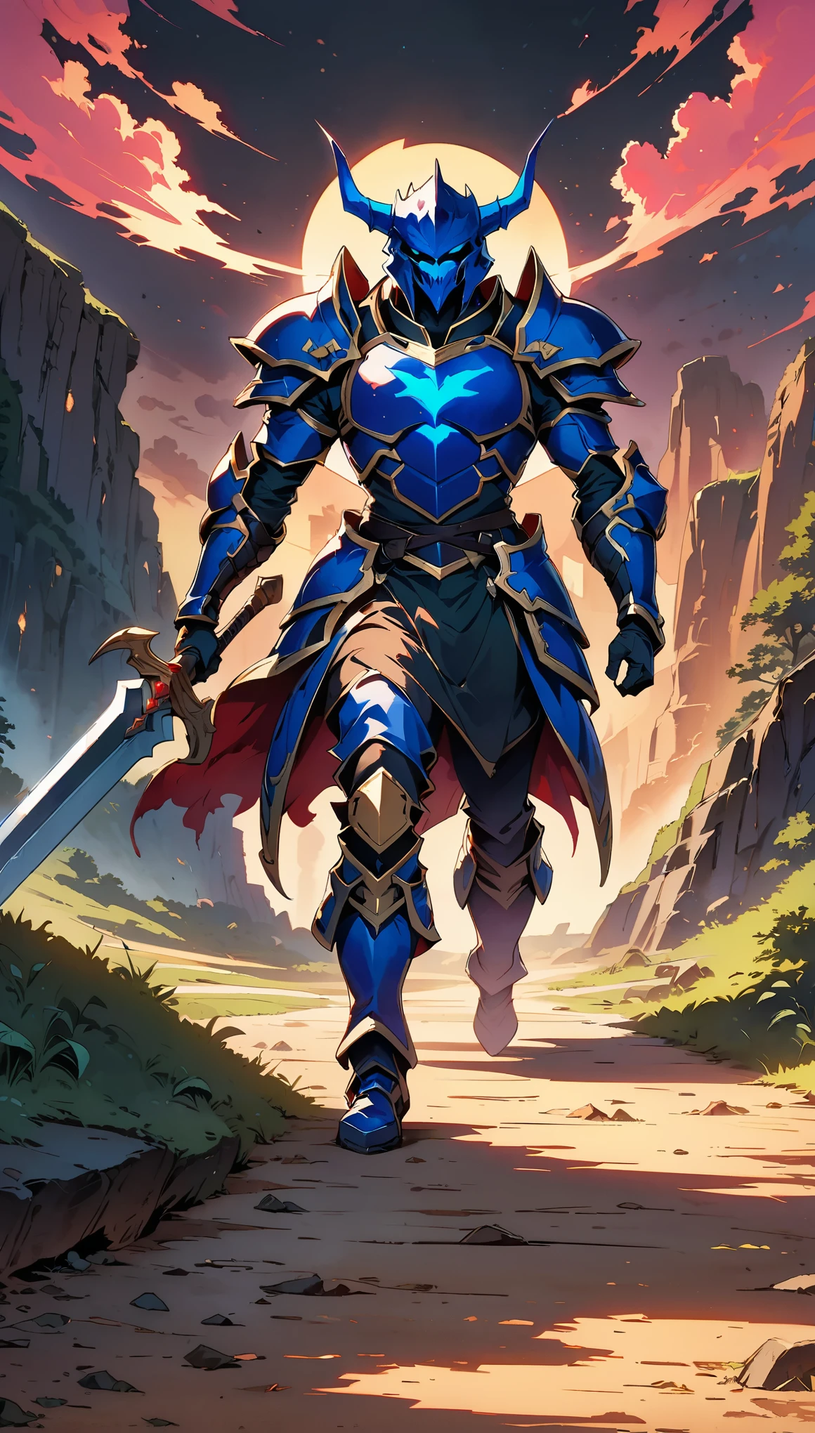 (最high quality:1.2, Comic Artwork, Comic book style, Very detailedな, up to date, Vibrant, digital coloring, High Contrast, masterpiece:1.2, Best Quality, Best aesthetics, aya), RPG Design, Dark fantasy graphics, Humanoid Monster, (((Ogre Lord))), ((full body shot)), (人食いdevil, devil), Giant, ((Blue Demon Organ Noble Class, Equipped with armor helmet, Small shield, Raise a long sword:1.2, devilの男:1.2)), intimidate the audience, Ogre Lord, Fantasy art, ((Vibrant action, Running through the wilderness, battlefield)), Dim lighting, Film Grain, Background blur, high quality, Surreal, ((Very detailed, photo shoot)),
