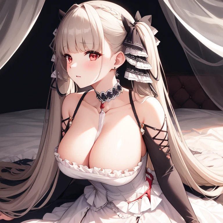 (masterpiece, best quality1.2),illustration,8k,hd,1girls,solo,upper body,(portrait:1.2),long_hair,large_breasts,red_eyes,very_long_hair,bangs,twintails,ribbon,grey_hair,cleavage,hair_ribbon,two-tone_ribbon,between_breasts,black_dress,dress,frills,bare_shoulders,frilled_dress,long_sleeves,two-tone_dress,jewelry,earrings,on the bed