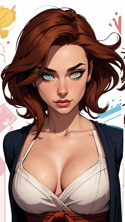 Personagem mulher Geena Davis PinUp dos anos 30 com marcas de guerras Imagem de desenho animado de uma mulher .Ilustra??o estilo desenho animado, estilo de arte dos desenhos animados, estilo de arte dos desenhos animados, digital illustration style, design de personagens altamente detalhado, arte digital detalhada coragem, Forest fan art, Design de personagens de retrato, beautiful digital illustration, retrato de alta qualidade, Arte em quadrinhos, mulher jovem cabelo com transas lindas . Beautiful lined eyes Medium large bust and wonderful sexy clothes. image expression of sexual desire from the waist to the uniform illustration Geena Davis Fallout 23