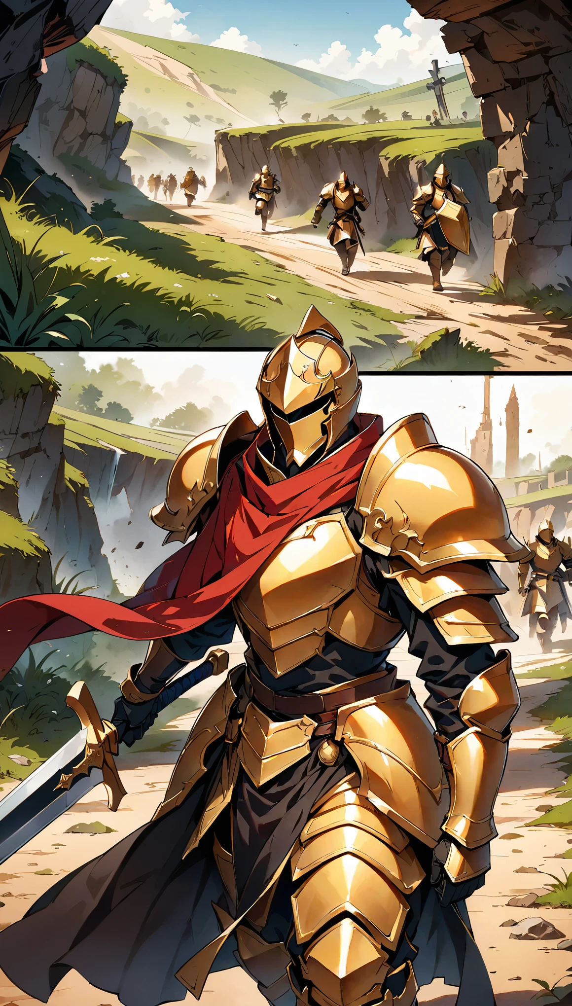 (highest quality:1.2, Comic Artwork, Comic book style, Very detailed, up to date, Vibrant, digital coloring, High Contrast, masterpiece:1.2, Best Quality, Best aesthetics, aya), RPG Design, Dark fantasy graphics, Wearing a full plate armor suit, Holding a long sword, ((Labor Road, knight, Mastered swordsmanship, monarch)), Close-up of a person wearing armour and holding a sword, 金色鎧knight, wearing Gold Armor, Dressed in ancient battle armor, wearing golden armorいる, Has a large shield, Wearing a red cloak, Gold Armor, wearing golden armor, the ダークソウルのknight, heavy Gold Armor, Armor reflects light, ((Vibrant action, Running through the wilderness, battlefield)), Rock Wall, Damp space, Moss and grass, Dim lighting, Casts speckled shadows on the ground, The color is dark tones, Increase overall visual impact, Dust and flames, battlefieldをかける戦士.