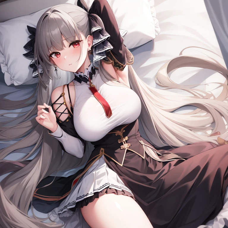 (masterpiece, Best quality1.2),illustration,8k,HD,1 Girl,Solitary,Upper Body,(portrait:1.2),long_hair,Large target_breast,Red_Eye,Very_long_hair,Bangs,Double tail,ribbon,grey_hair,cleveage,hair_ribbon,Two-color_ribbon,between_breast,Black_skirt,skirt,decorate,only_Shoulder,Frilly_skirt,long_sleeve,Two-color_skirt,jewelry,earrings,on the bed