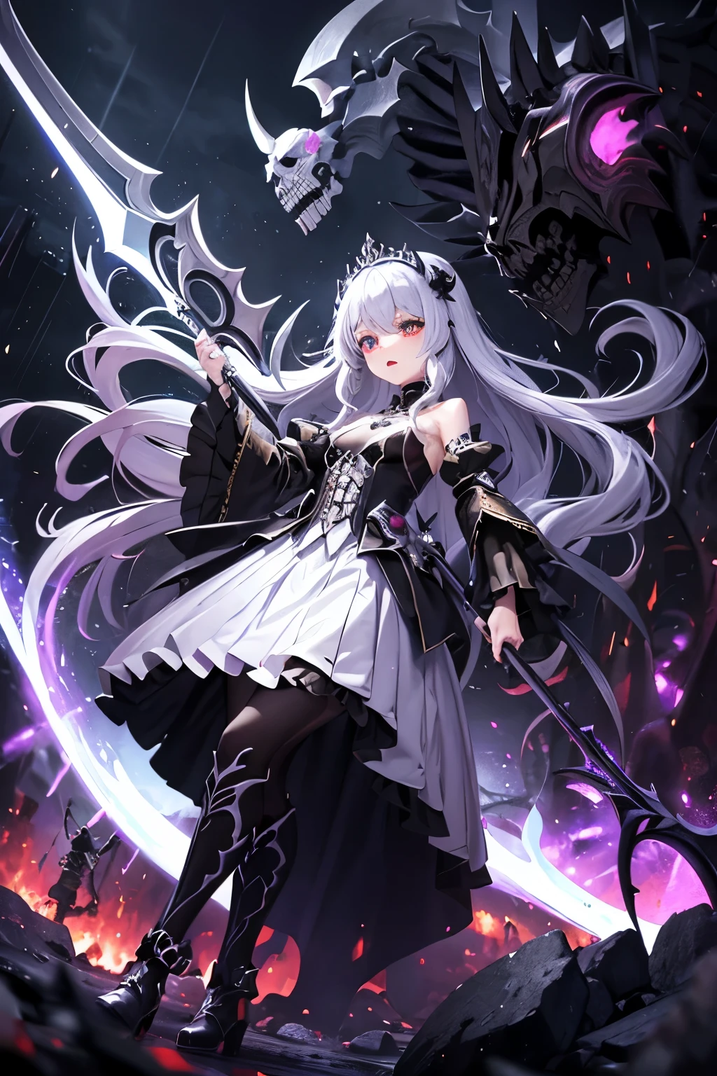 (((highest quality、Masterpiece、Normal body、8k、Detailed face、Ultra-precision、Normal hand、Normal finger、5Finger、supreme)))Golden and silver hair、Princess、Gorgeous Dress、White and black skirt、Shiny Tiara、night armor、metal boots、Grim Reaper、grim Reaper、Helper Reaper、Skeleton demon behind、Skeleton demon in background、Skeleton demon behind、Skeleton demon in the background、Chaos and Cosmos