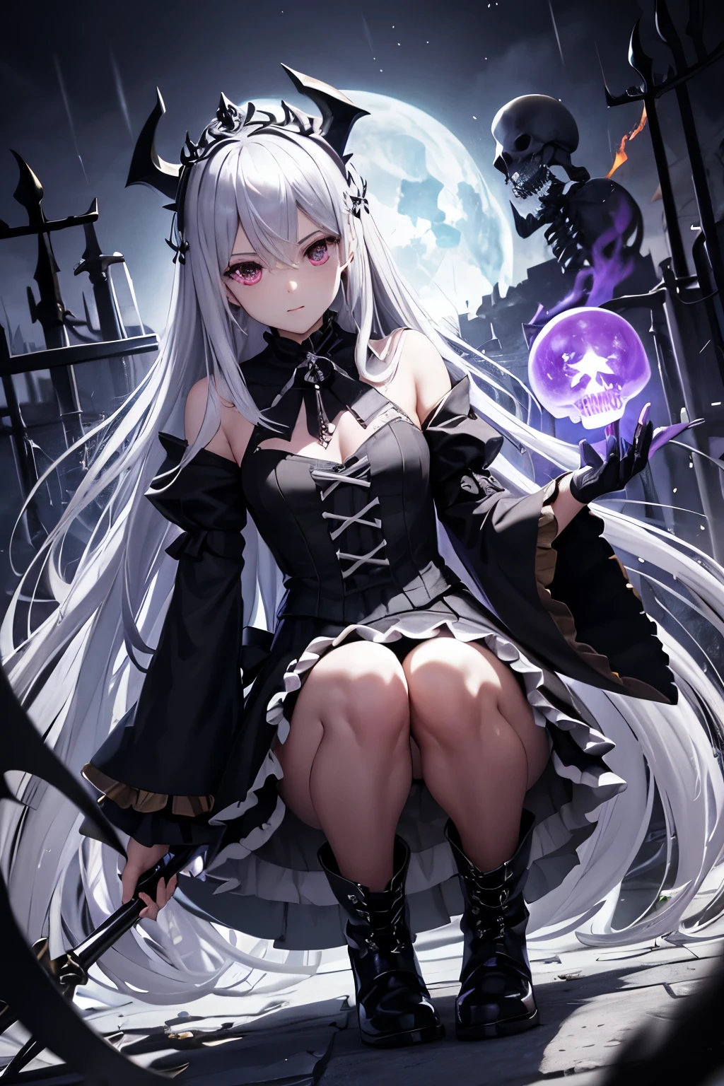 (((highest quality、Masterpiece、Normal body、8k、Detailed face、Ultra-precision、Normal hand、Normal finger、5Finger、supreme)))Golden and silver hair、Princess、Gorgeous Dress、White and black skirt、Shiny Tiara、night armor、metal boots、death scythe、grim Reaperの鎌、Grim Reaper、grim Reaper、Skeleton demon behind、Skeleton demon in background、Skeleton demon behind、Skeleton demon in the background、A collapsing world、Dimensional Destruction、Distorted Dimensional Fault、Dimensional juxtaposition、Mobius Ring、Rain of blood、Dimensional Hole、World Break