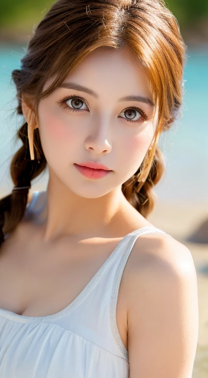 whole body, highest quality, shape, Very detailed, finely, High resolution, 8k wallpaper, 完璧なダイナミックな構shape, Beautiful and beautiful eyes,She&#39;s a gal,,blonde, Random Cute Hairstyles, Super big , Natural color lip,Beach, Random cute poses,Heavy makeup